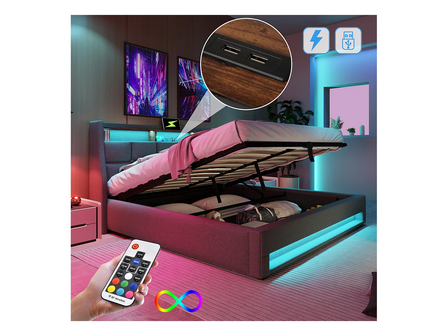 Cama con almacenaje de lino 140x200 cm con LED y puertos USB - somier - gris