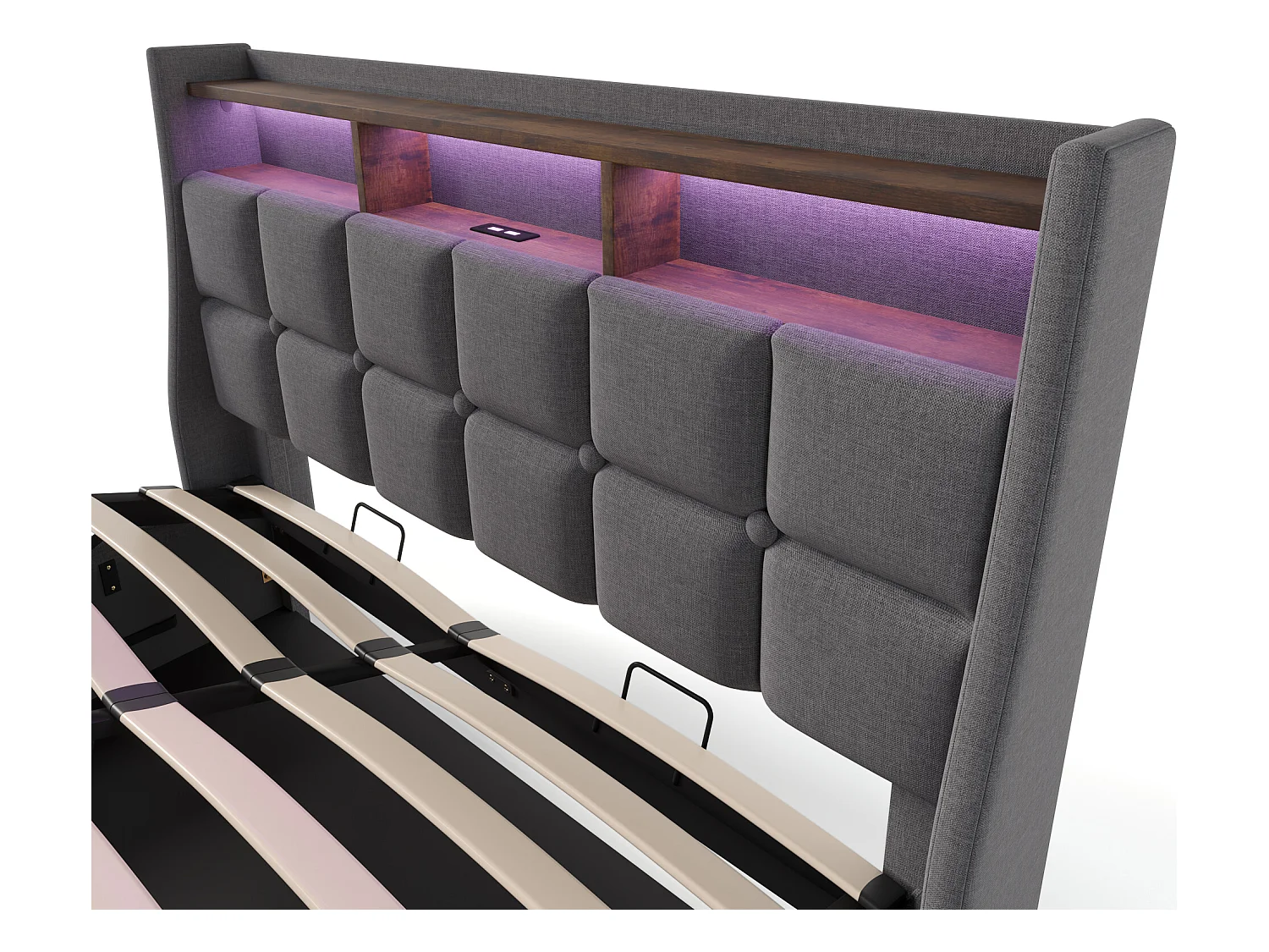Cama con almacenaje de lino 140x200 cm con LED y puertos USB - somier - gris