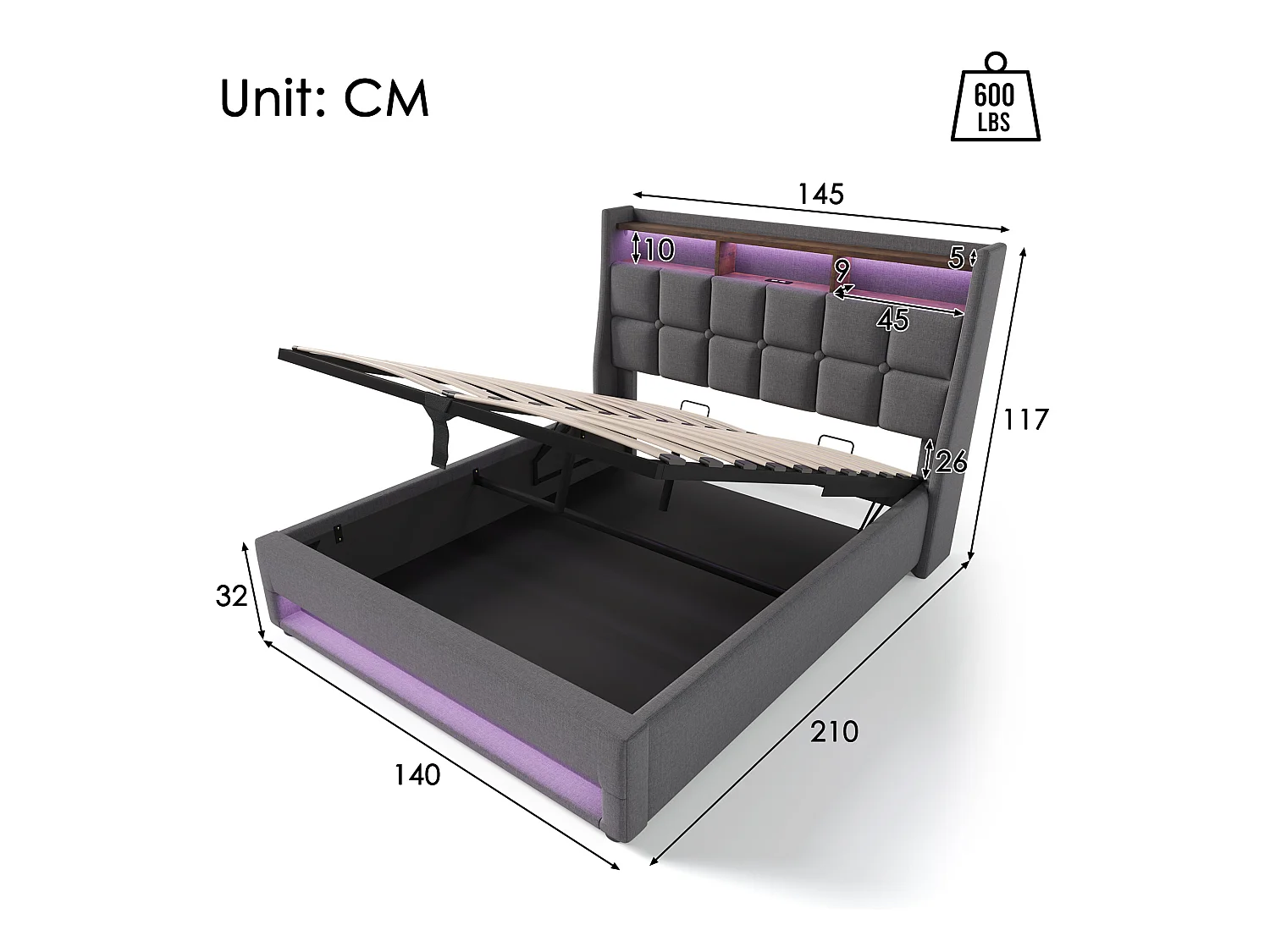 Cama con almacenaje de lino 140x200 cm con LED y puertos USB - somier - gris