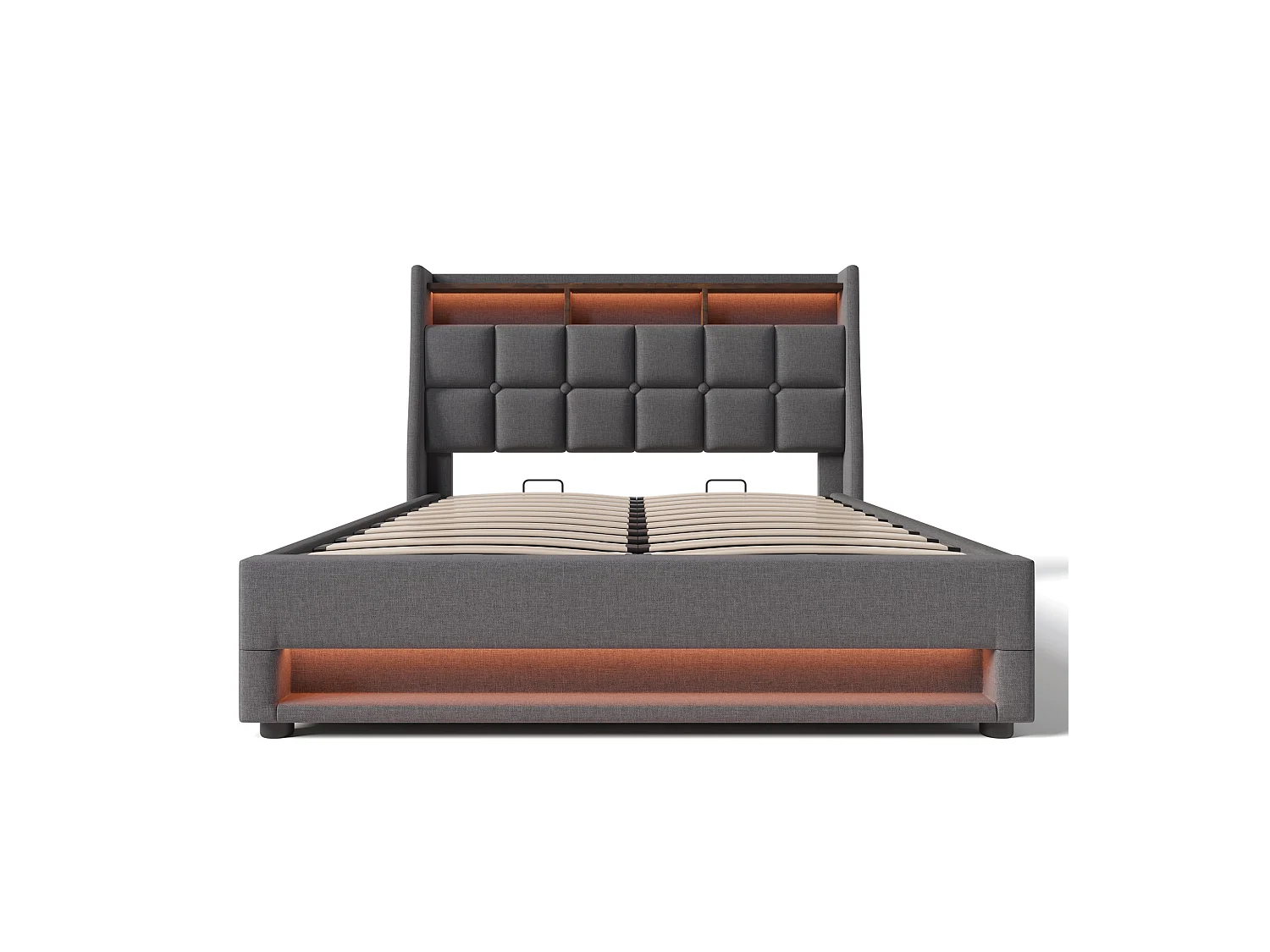 Cama con almacenaje de lino 140x200 cm con LED y puertos USB - somier - gris