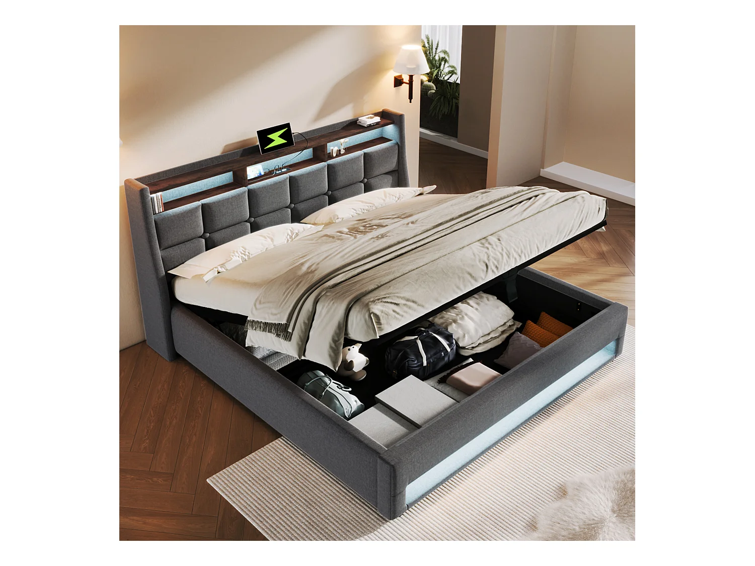 Cama con almacenaje de lino 140x200 cm con LED y puertos USB - somier - gris