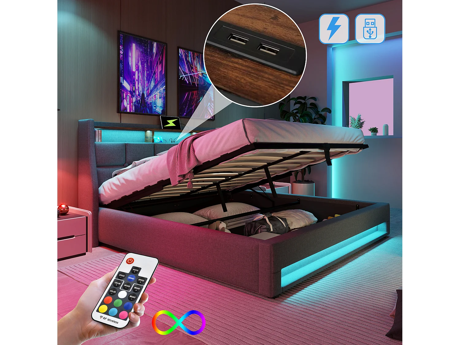 Letto contenitore in lino 140x200 cm con LED e porte USB - rete a doghe - grigio