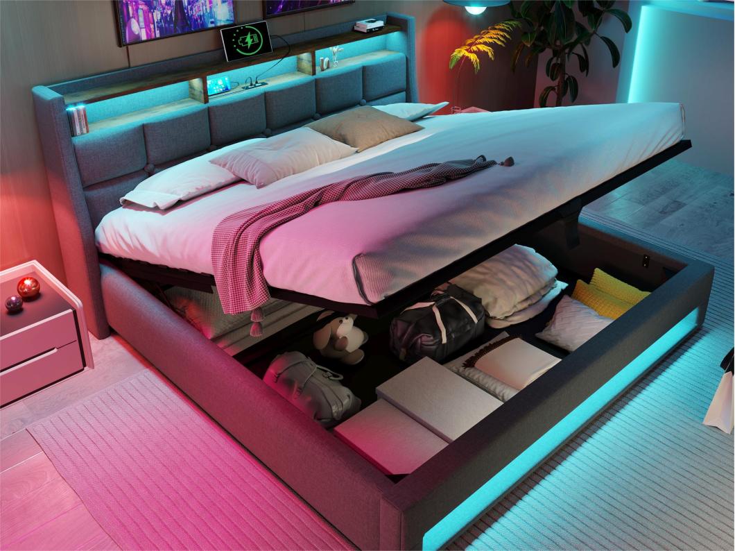 Linnenopbergbed 140x200cm met LED- en USB-poorten - lattenbodem - grijs