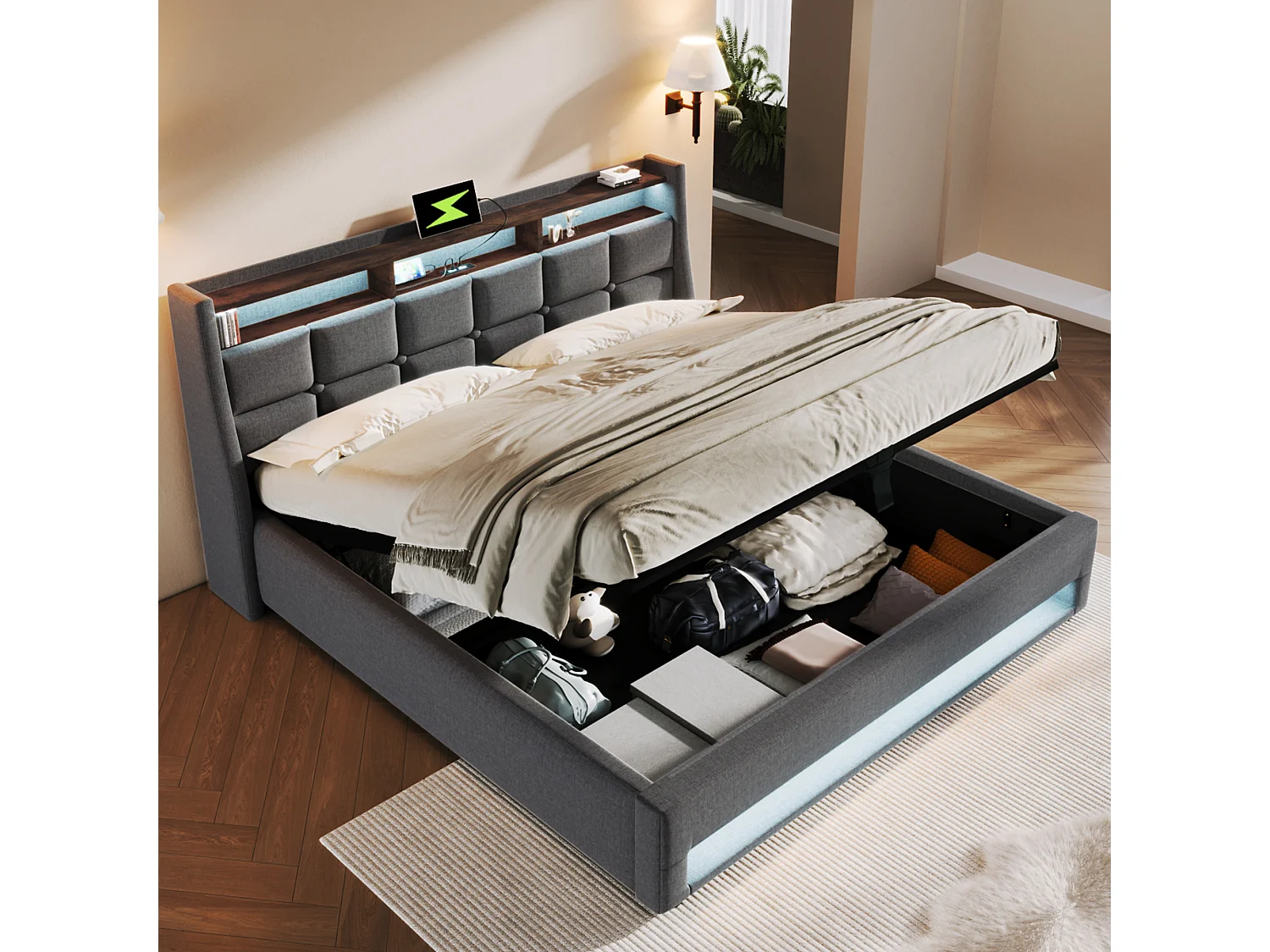 Lit coffre en lin 180x200cm avec LED et ports USB - sommier à lattes - gris