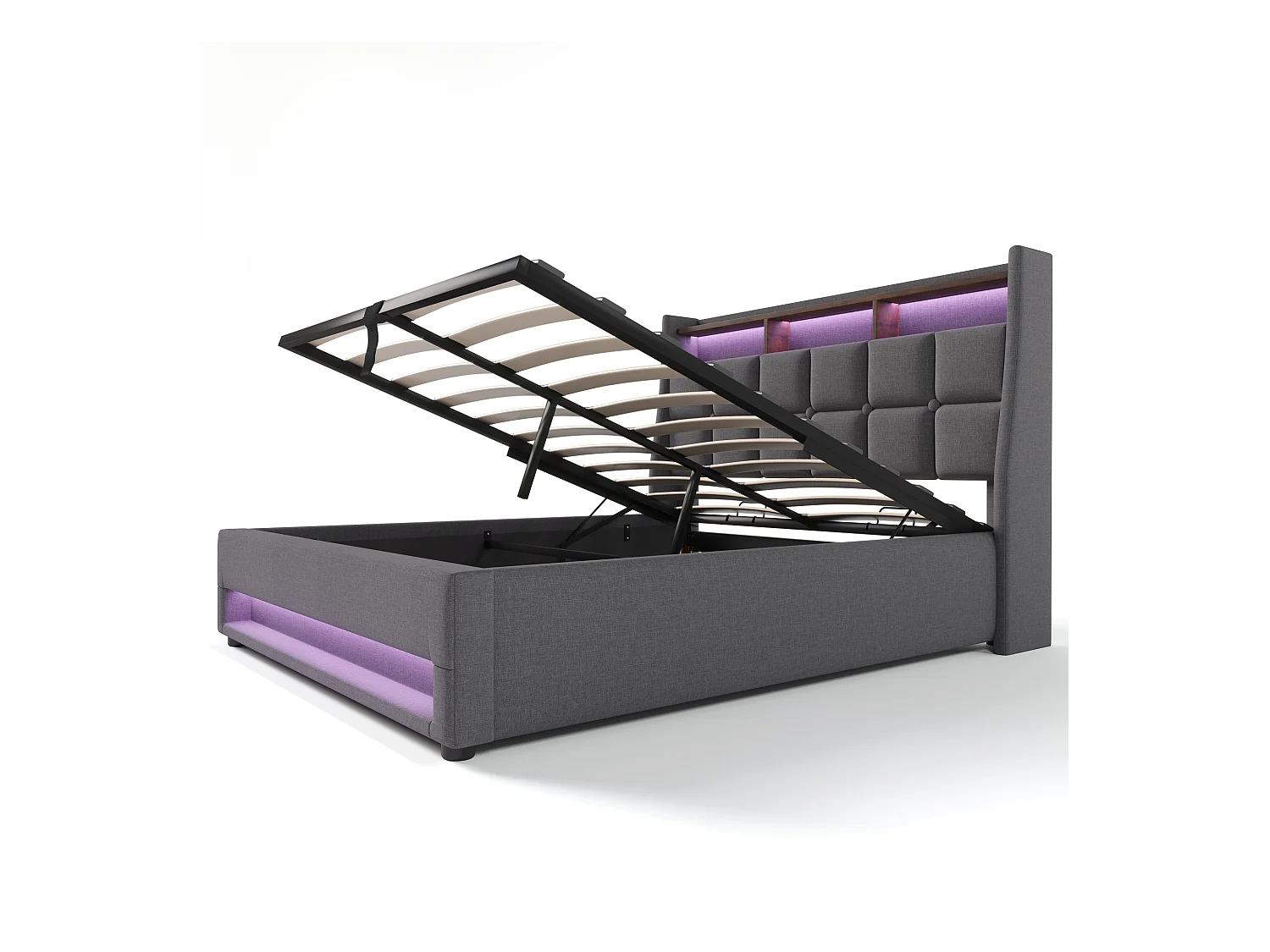 Cama con almacenaje de lino 180x200 cm con LED y puertos USB - somier - gris