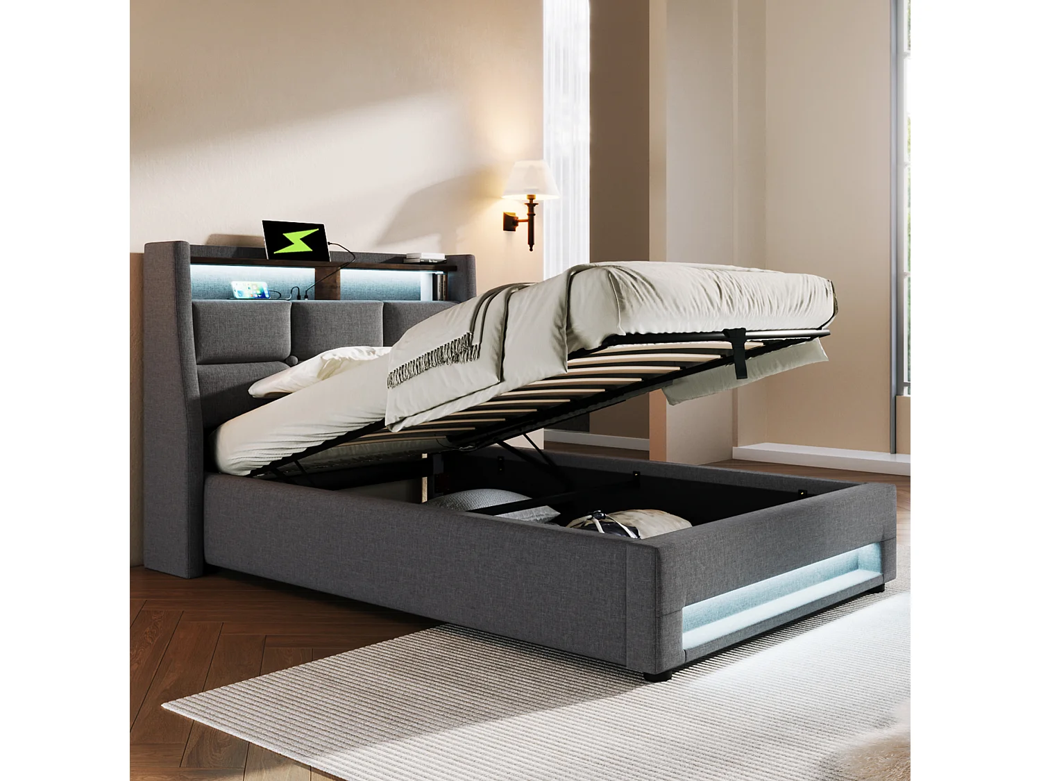 Bett mit Stauraum aus Leinen 90x200cm mit LED und USB-Anschlüssen – Lattenrost – Grau