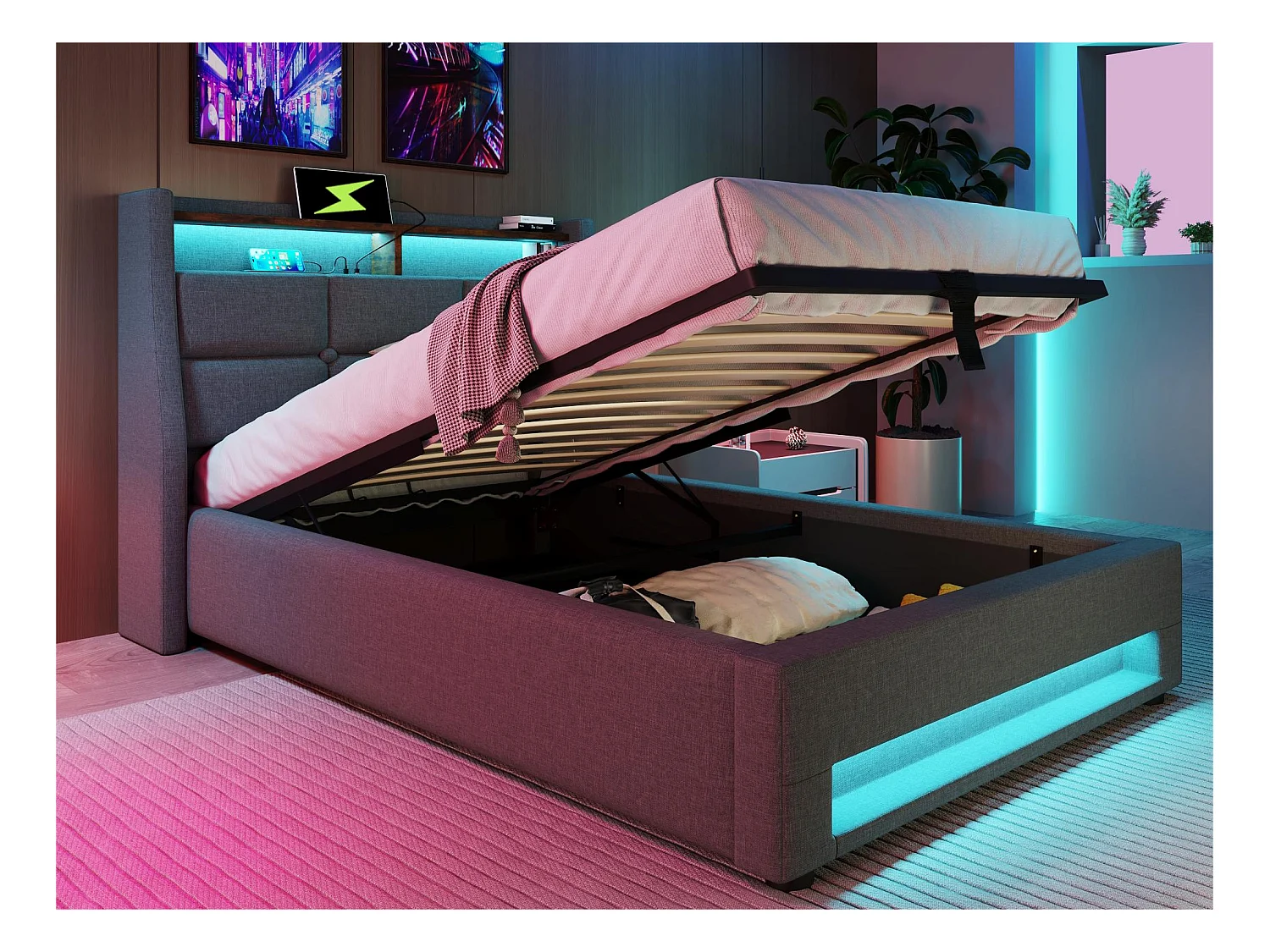 Lit coffre en lin 90x200cm avec LED et ports USB - sommier à lattes - gris