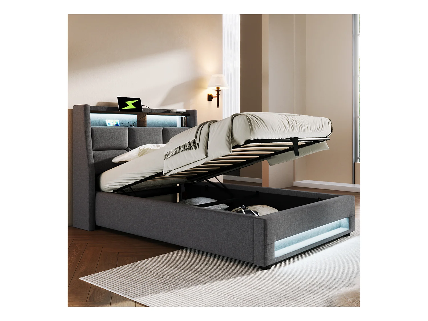 Linnenopbergbed 90x200cm met LED- en USB-poorten - lattenbodem - grijs