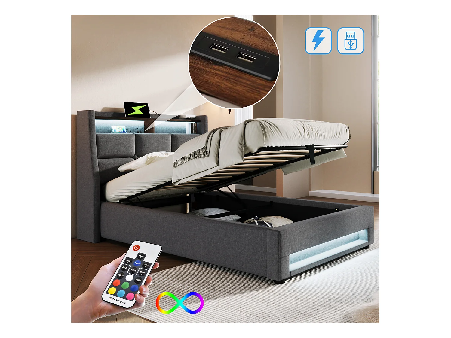 Linnenopbergbed 90x200cm met LED- en USB-poorten - lattenbodem - grijs