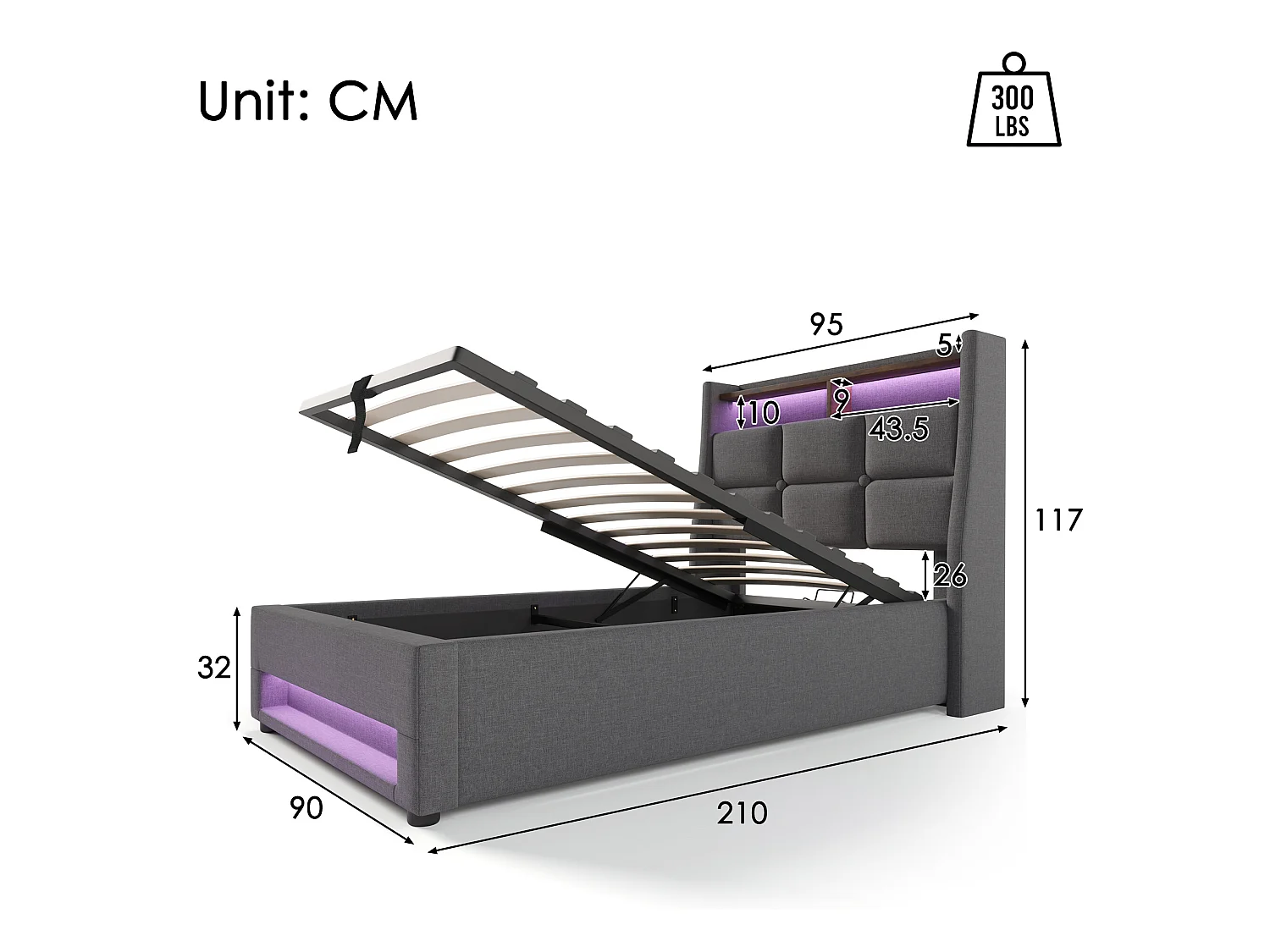 Linnenopbergbed 90x200cm met LED- en USB-poorten - lattenbodem - grijs