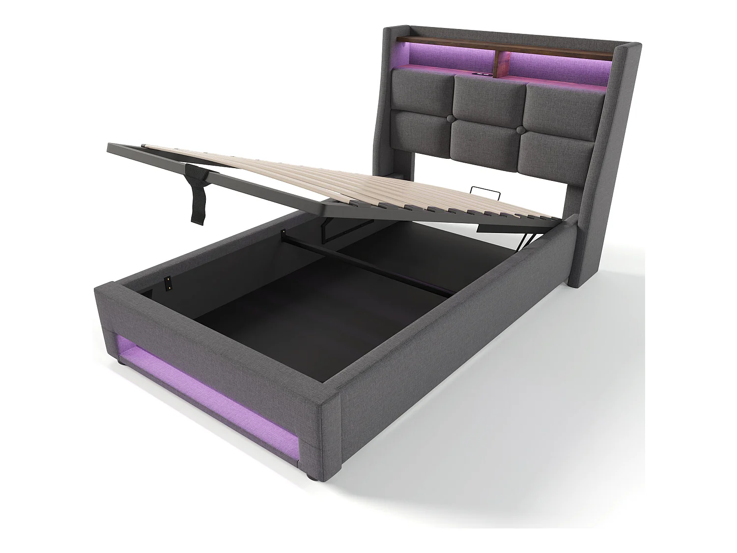 Linnenopbergbed 90x200cm met LED- en USB-poorten - lattenbodem - grijs