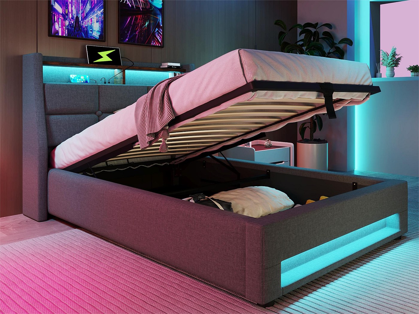 Gestoffeerd bed, 140 x 200 cm, tweepersoonsbed met lichtstrip en USB-aansluiting, rugleuning en grote lade, huidvriendelijk tweepersoonsbed in fluweel, geschikt voor volwassenen en jongeren (grijs