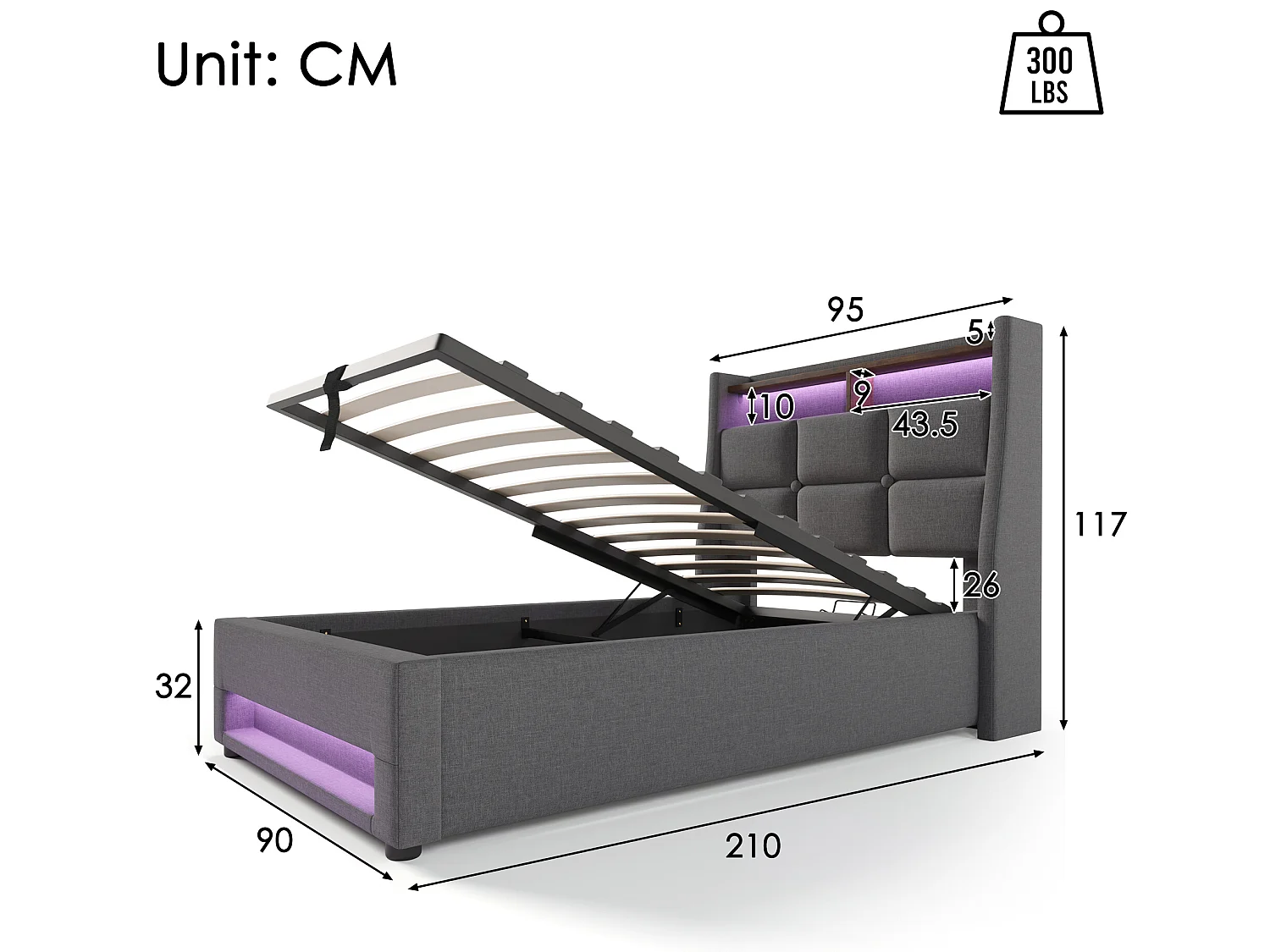 Lit coffre en lin 90x200cm avec LED et ports USB - sommier à lattes - gris