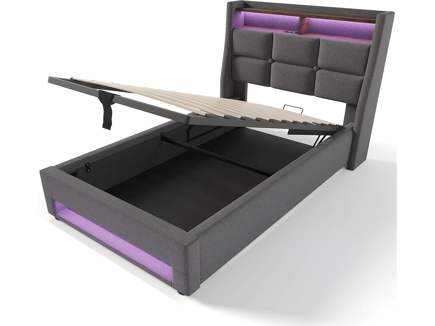 Lit coffre en lin 90x200cm avec LED et ports USB - sommier à lattes - gris