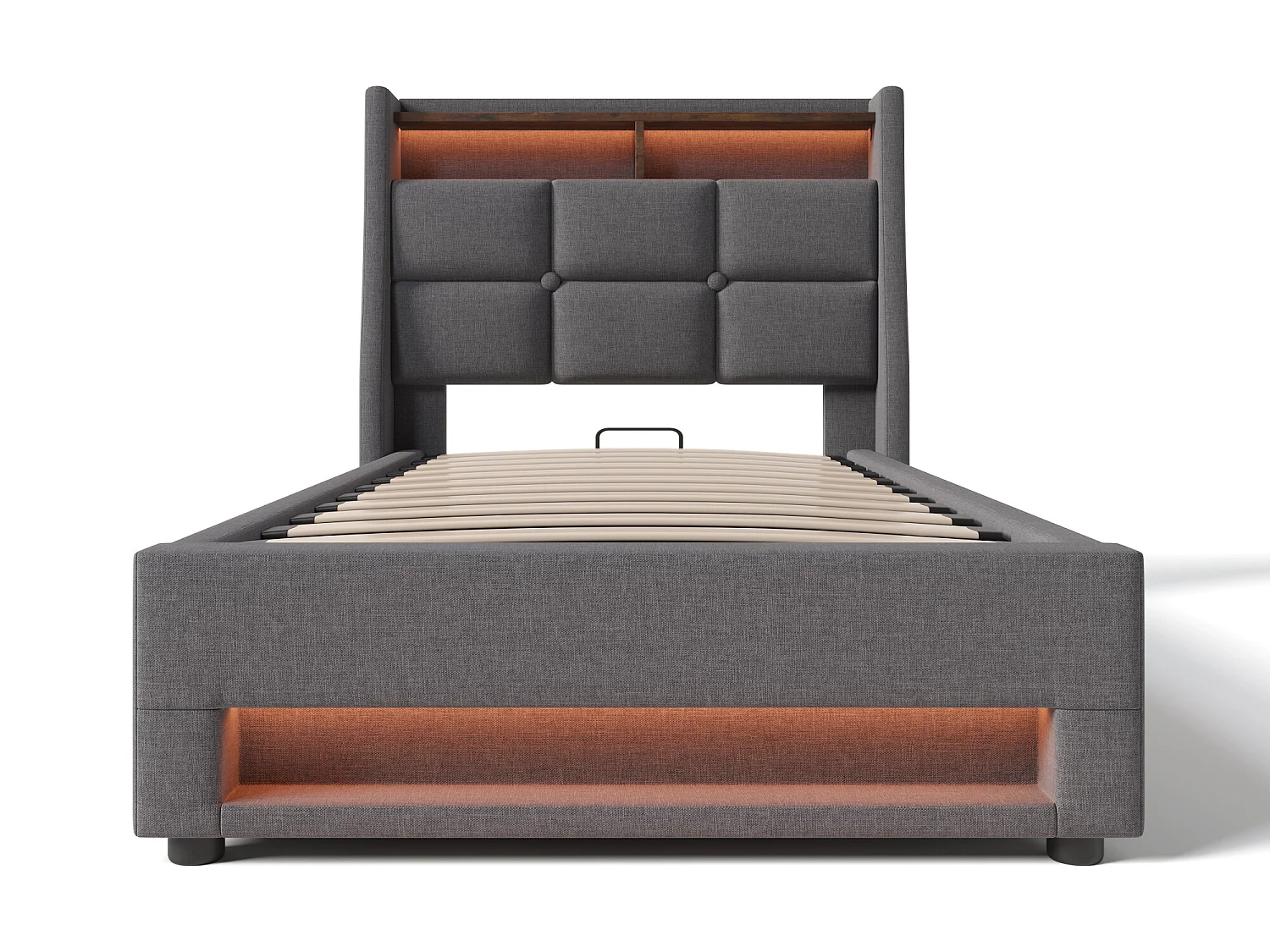 Lit coffre en lin 90x200cm avec LED et ports USB - sommier à lattes - gris