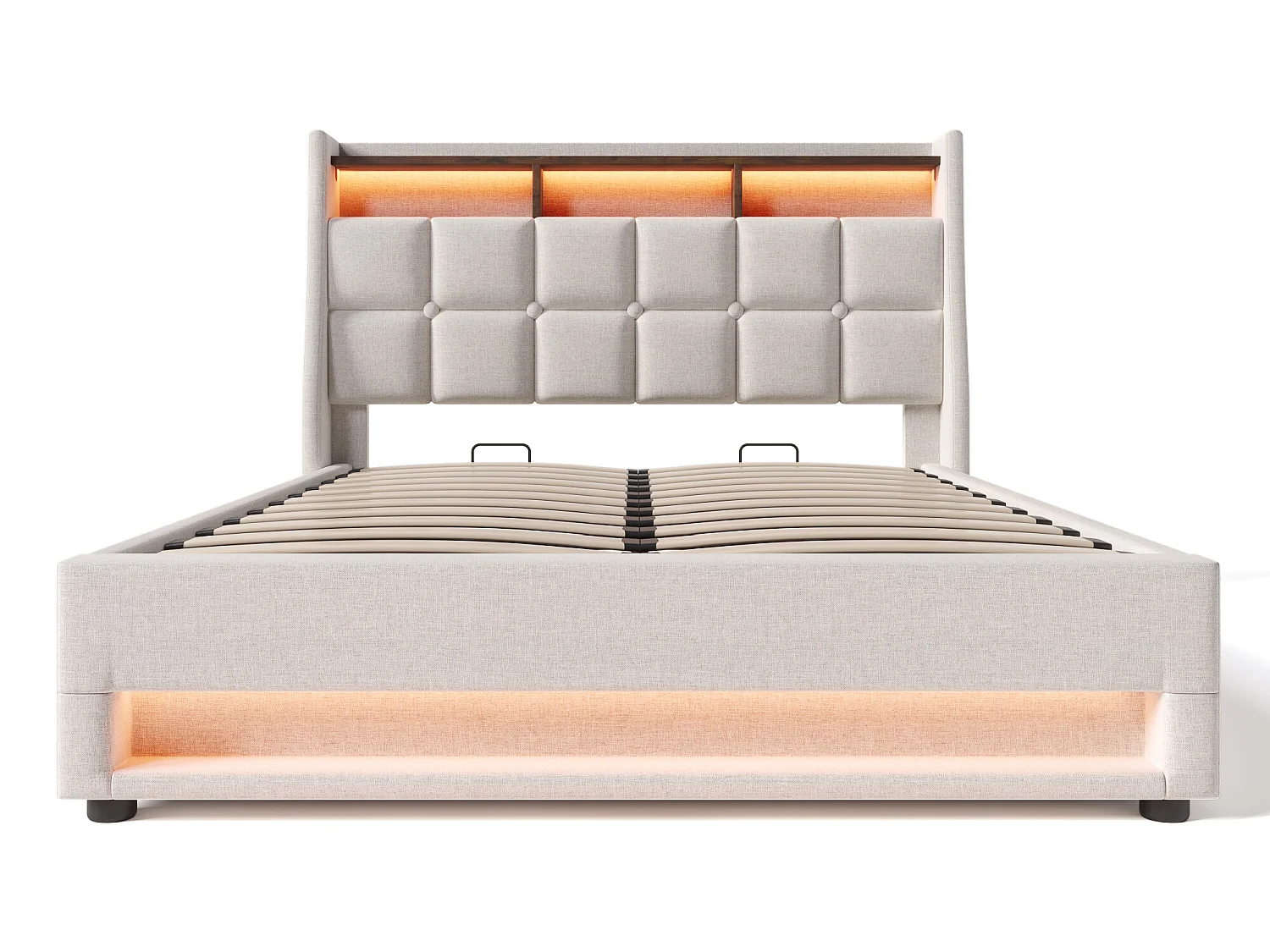 Bett mit Stauraum aus Leinen 180x200cm mit LED und USB-Anschlüssen – Lattenrost – Beige