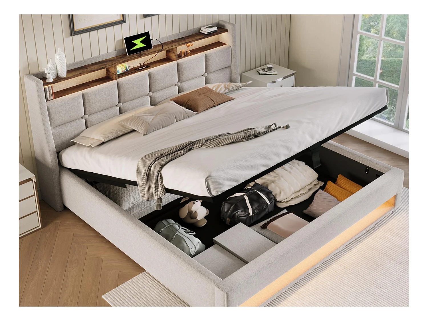 Lit coffre en lin 180x200cm avec LED et ports USB - sommier à lattes - beige