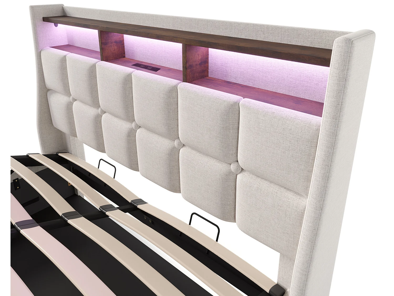 Linnenopbergbed 180x200cm met LED- en USB-poorten - lattenbodem - beige