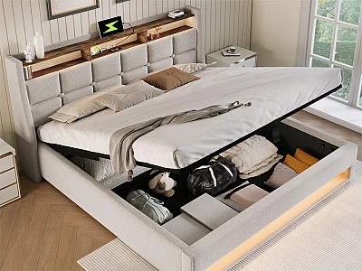 Bett mit Stauraum aus Leinen 180x200cm mit LED und USB-Anschlüssen – Lattenrost – Beige