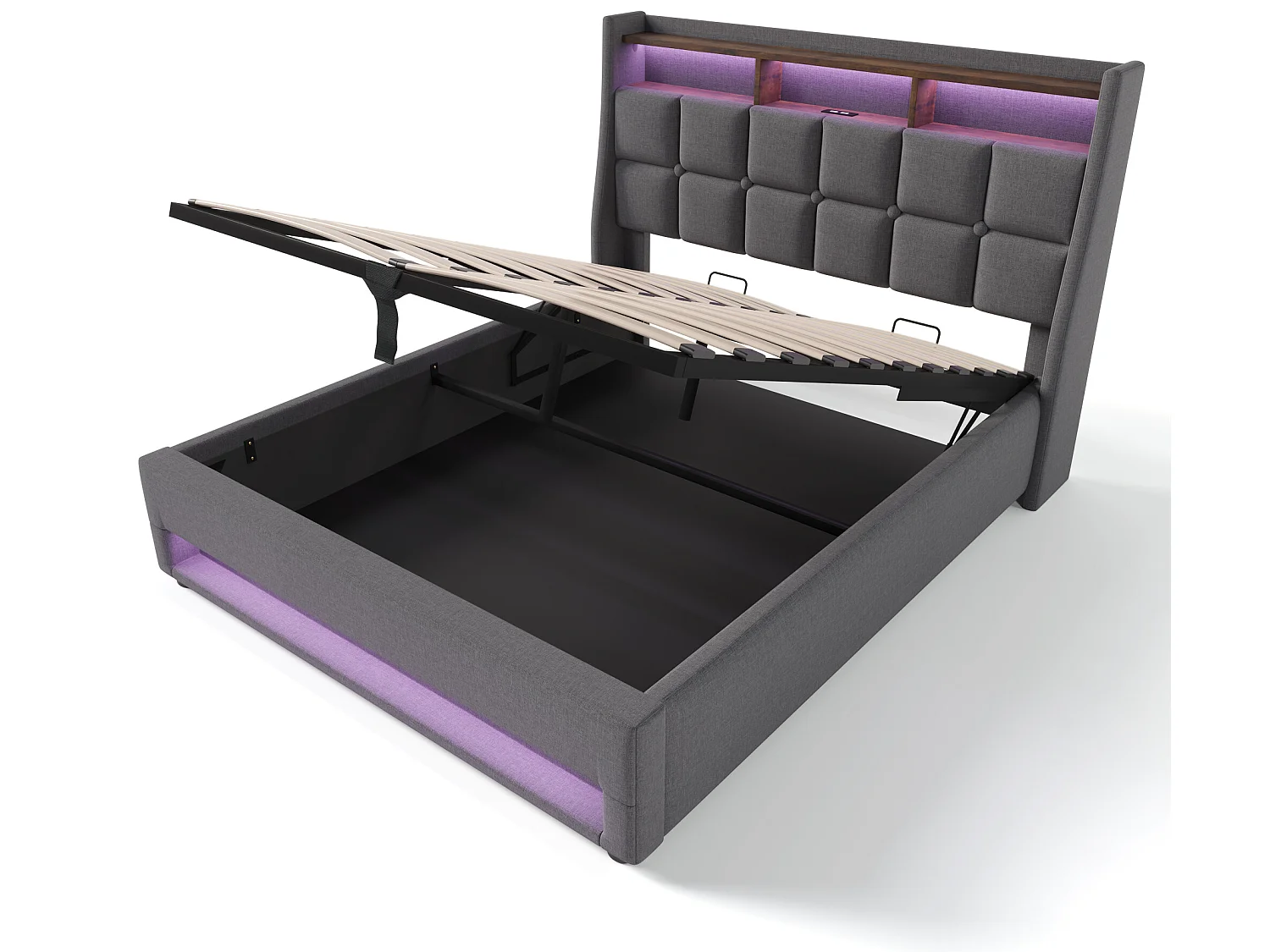Bett mit Stauraum aus Leinen 160x200cm mit LED und USB-Anschlüssen – Lattenrost – Grau