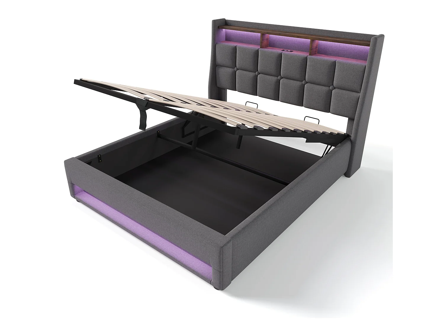 Cama con almacenaje de lino 160x200cm con LED y puertos USB - somier - gris