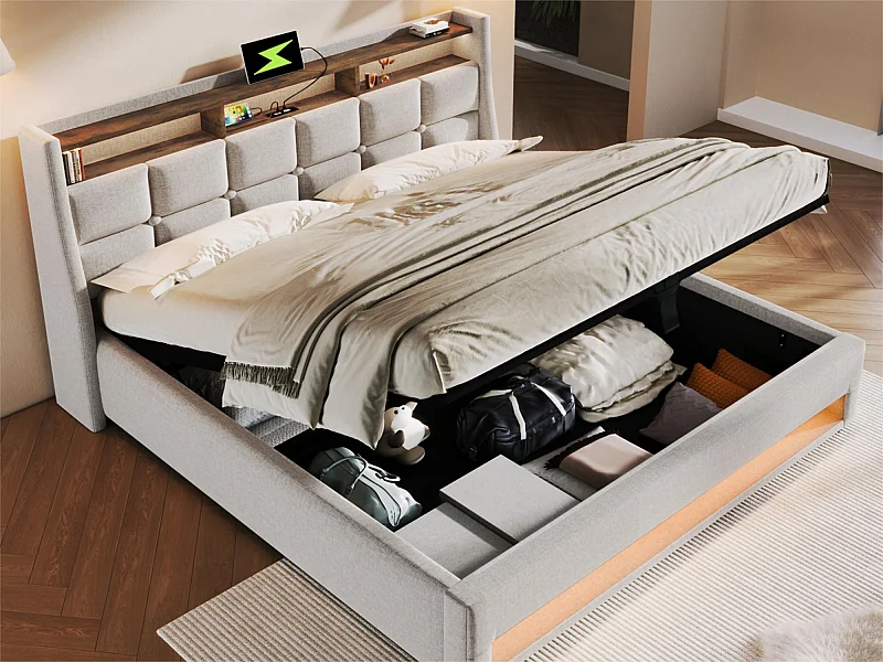 Bett mit Stauraum aus Leinen 140x200cm mit LED und USB-Anschlüssen – Lattenrost – Beige