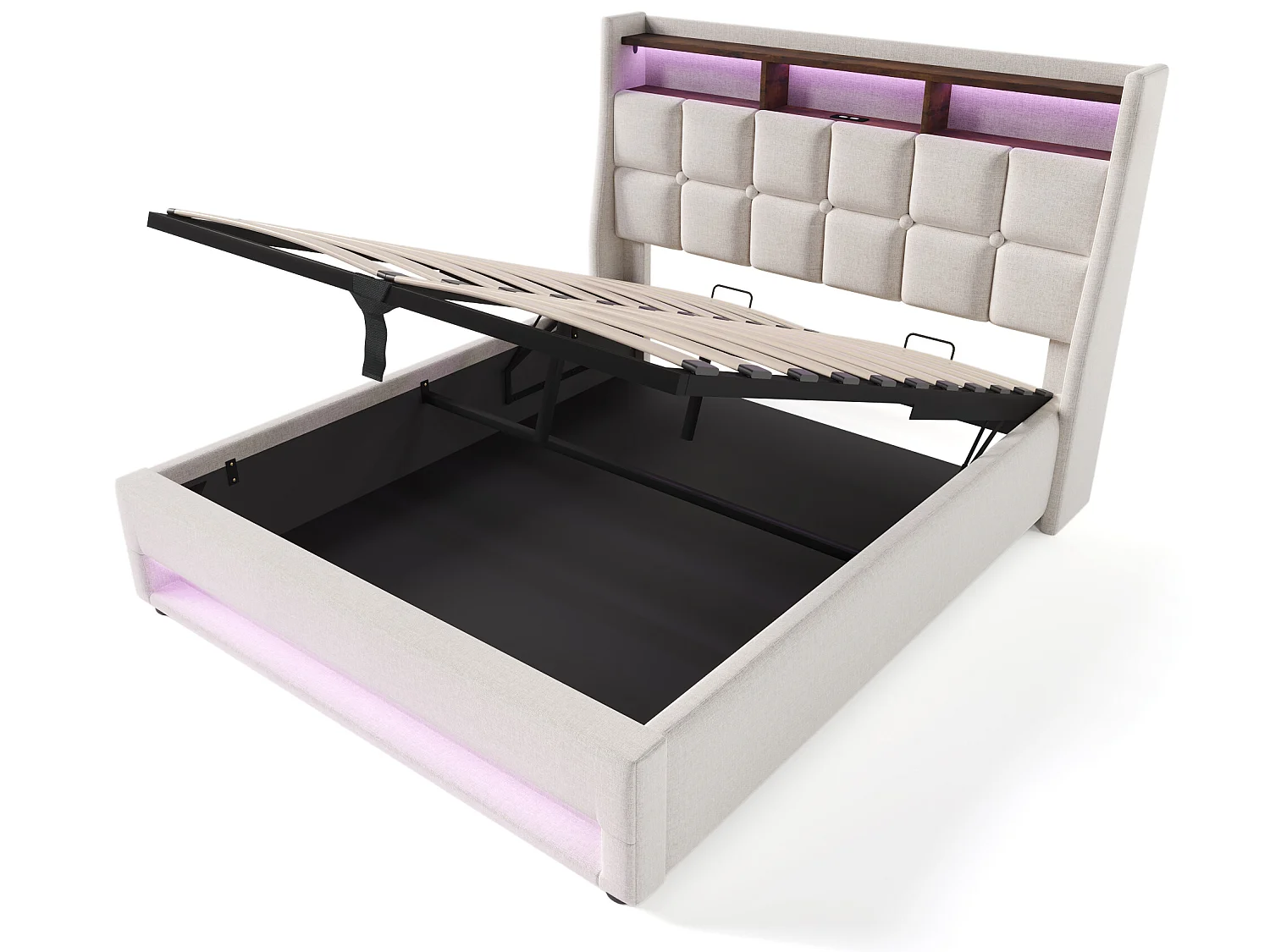 Lit coffre en lin 140x200cm avec LED et ports USB - sommier à lattes - beige