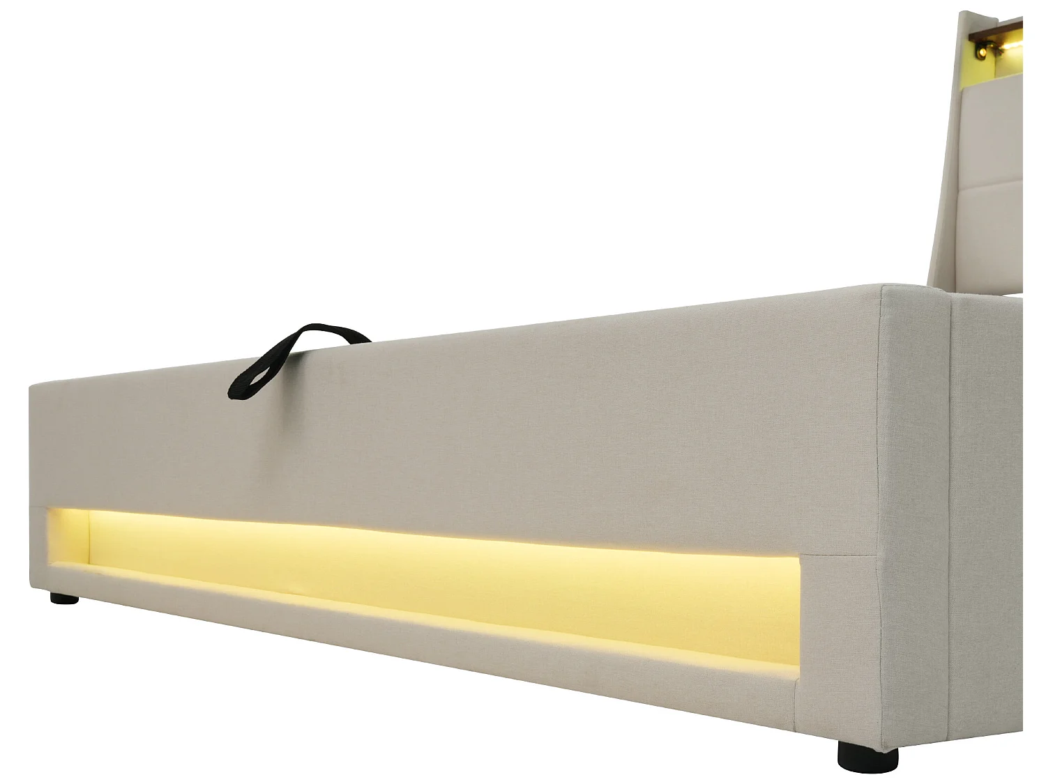 Lit coffre en lin 140x200cm avec LED et ports USB - sommier à lattes - beige