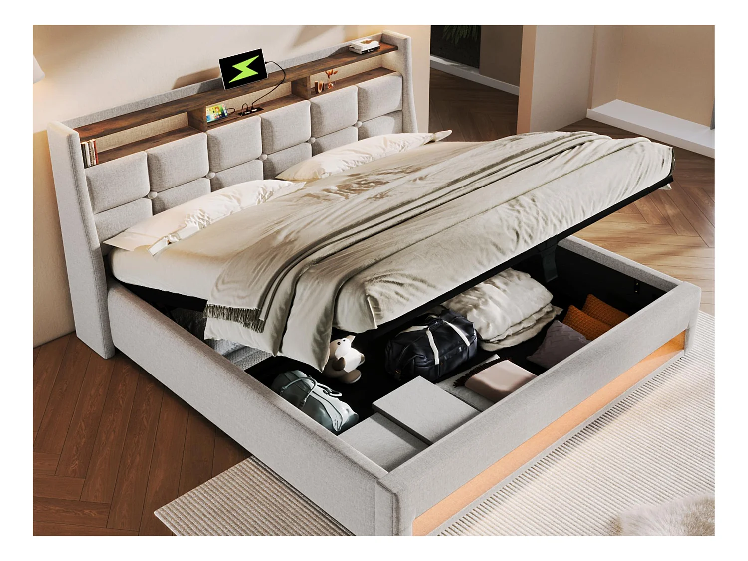 Lit coffre en lin 140x200cm avec LED et ports USB - sommier à lattes - beige