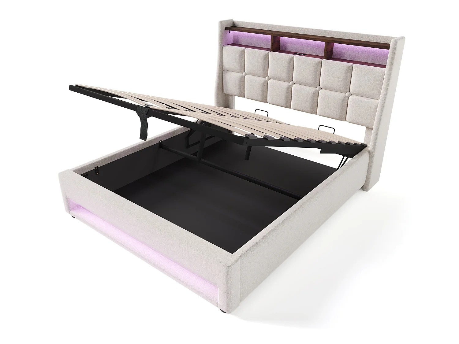 Cama con almacenaje de lino 140x200 cm con LED y puertos USB - somier - beige