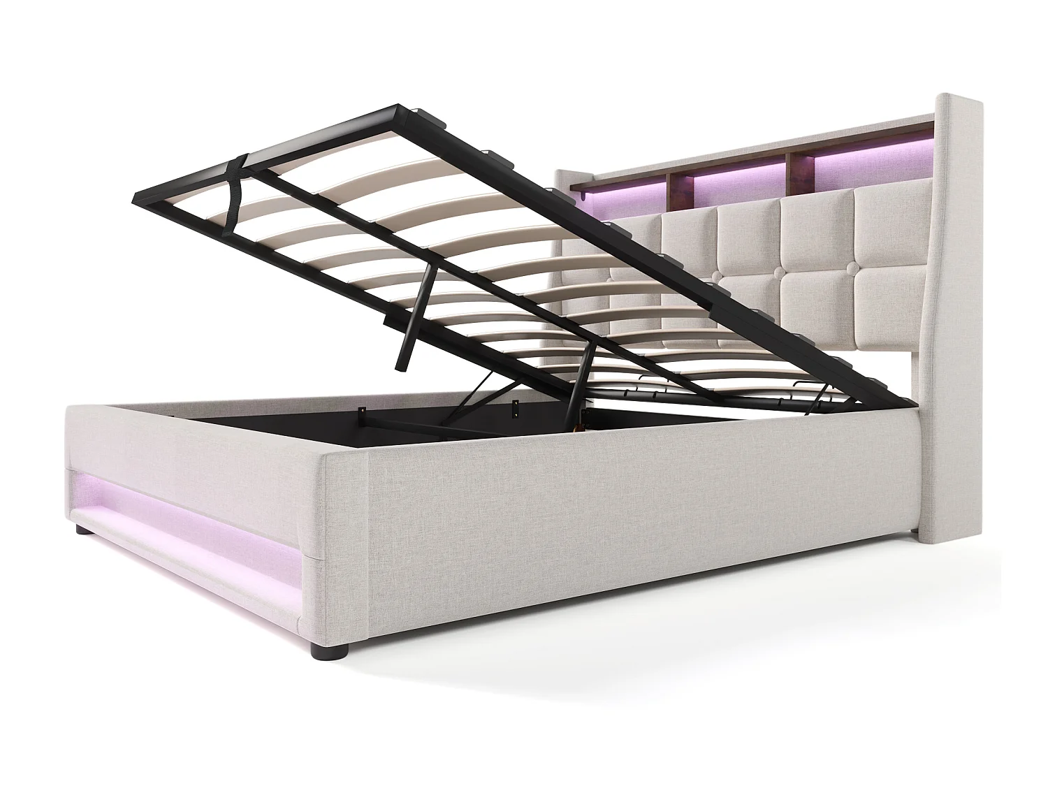 Cama con almacenaje de lino 140x200 cm con LED y puertos USB - somier - beige