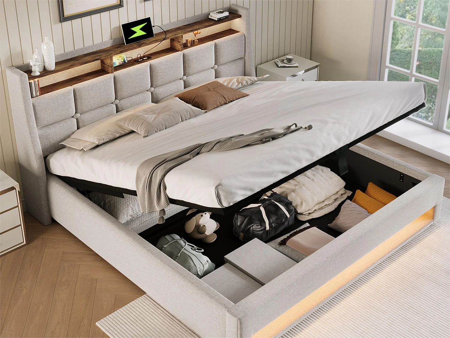 Lit coffre en lin 160x200cm avec LED et ports USB - sommier à lattes - beige