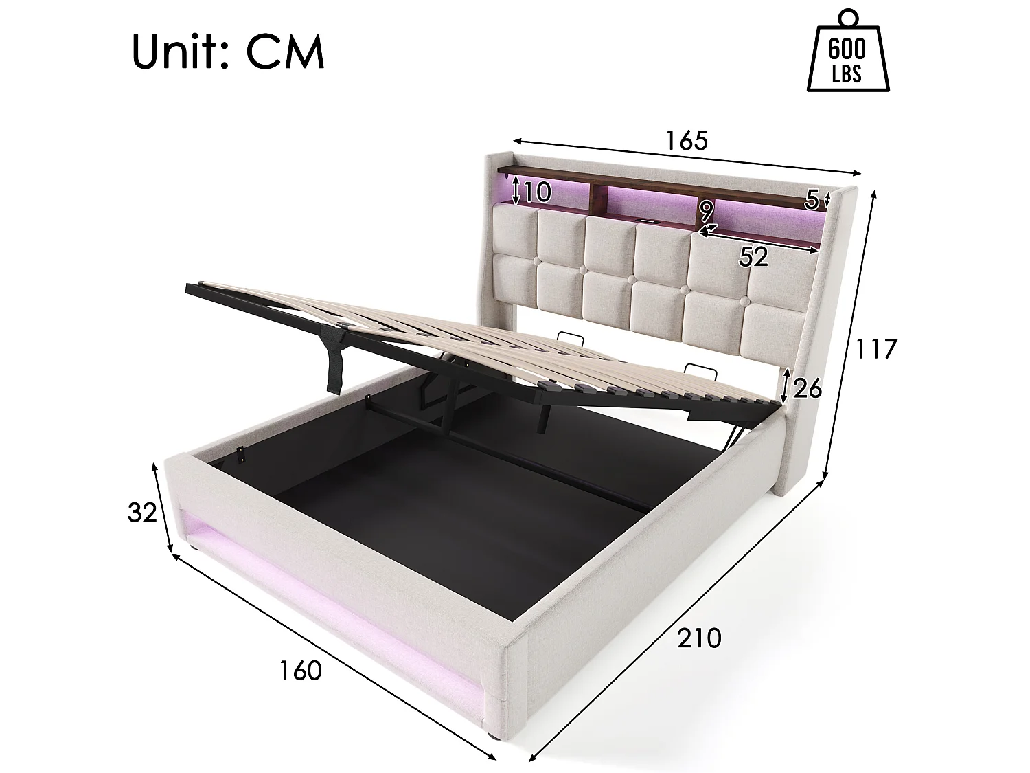 Lit coffre en lin 160x200cm avec LED et ports USB - sommier à lattes - beige