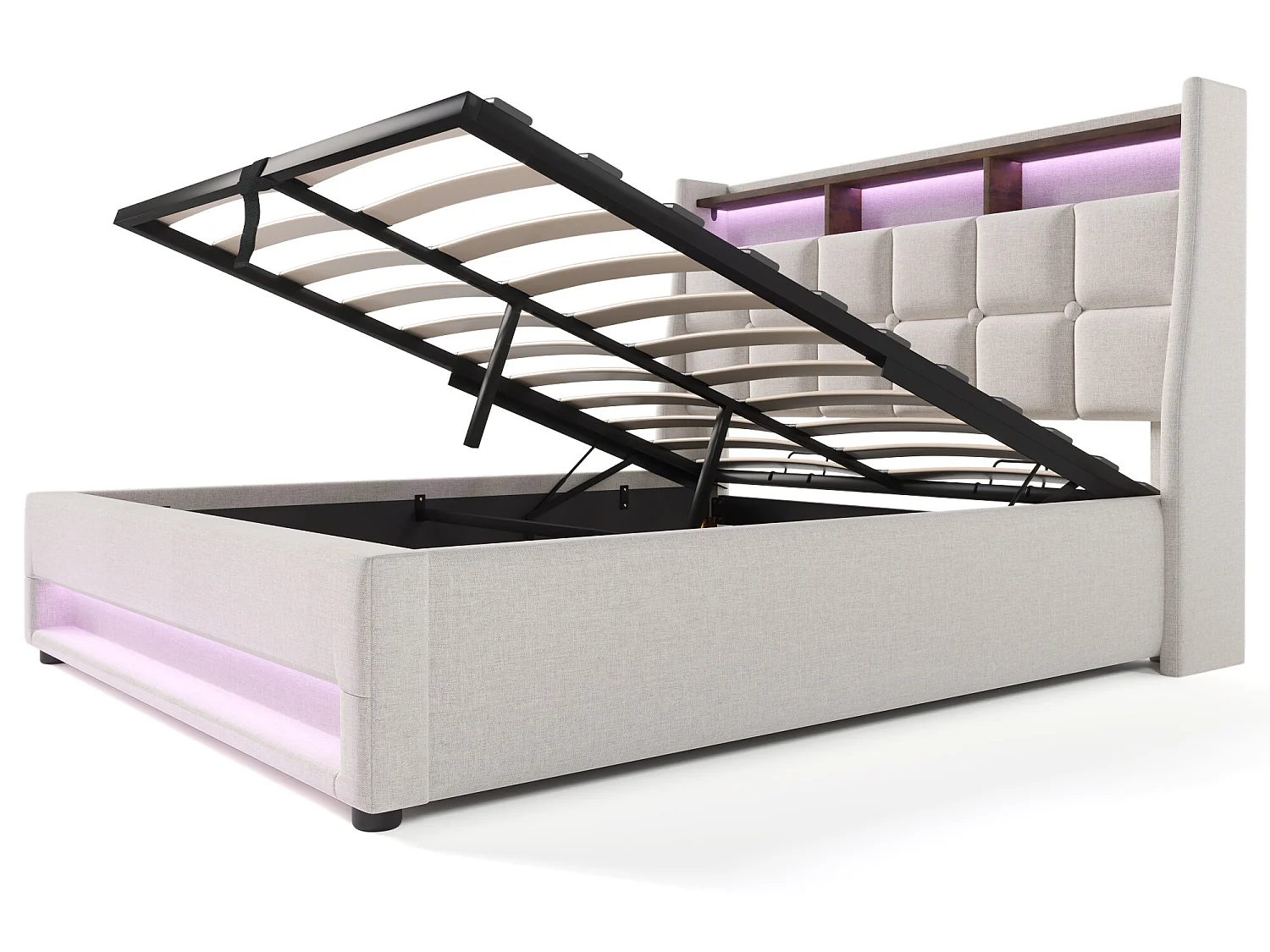 Lit coffre en lin 160x200cm avec LED et ports USB - sommier à lattes - beige