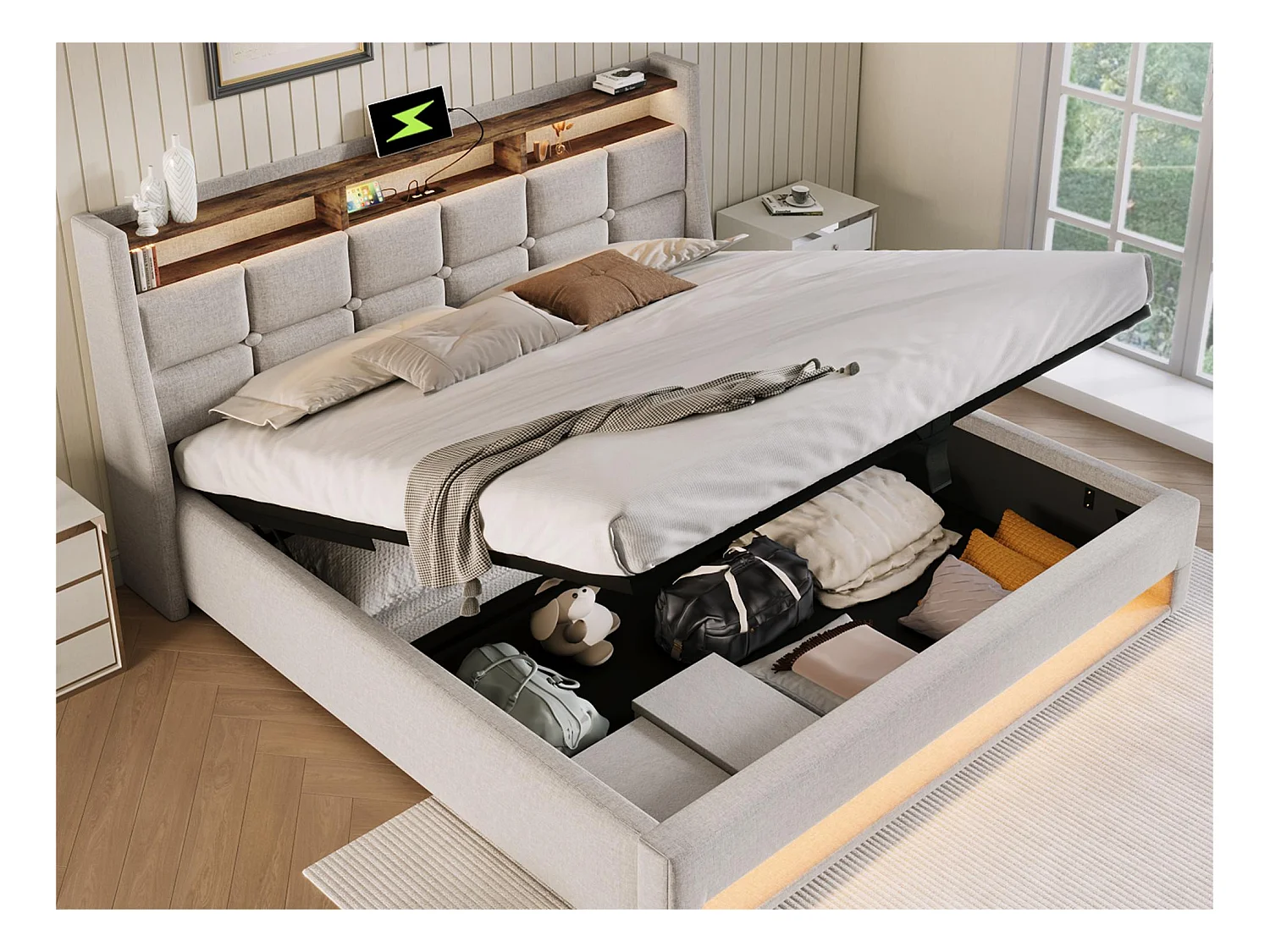 Lit coffre en lin 160x200cm avec LED et ports USB - sommier à lattes - beige