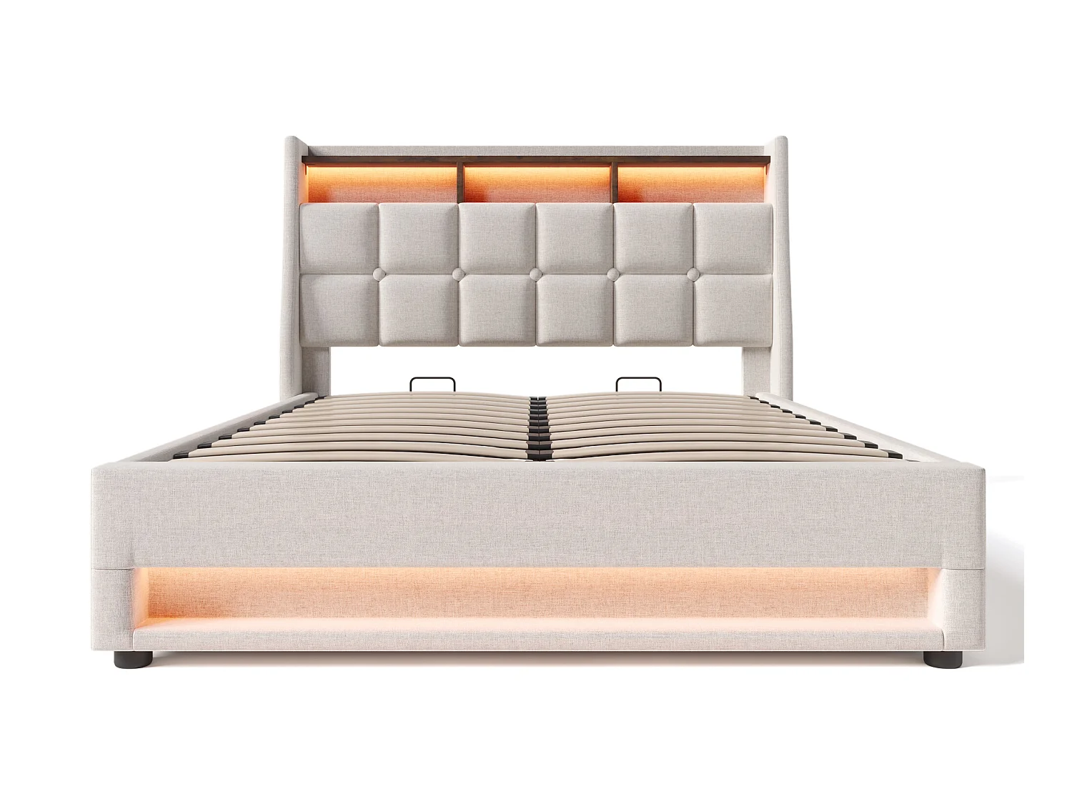 Cama con almacenaje de lino 160x200 cm con LED y puertos USB - somier - beige