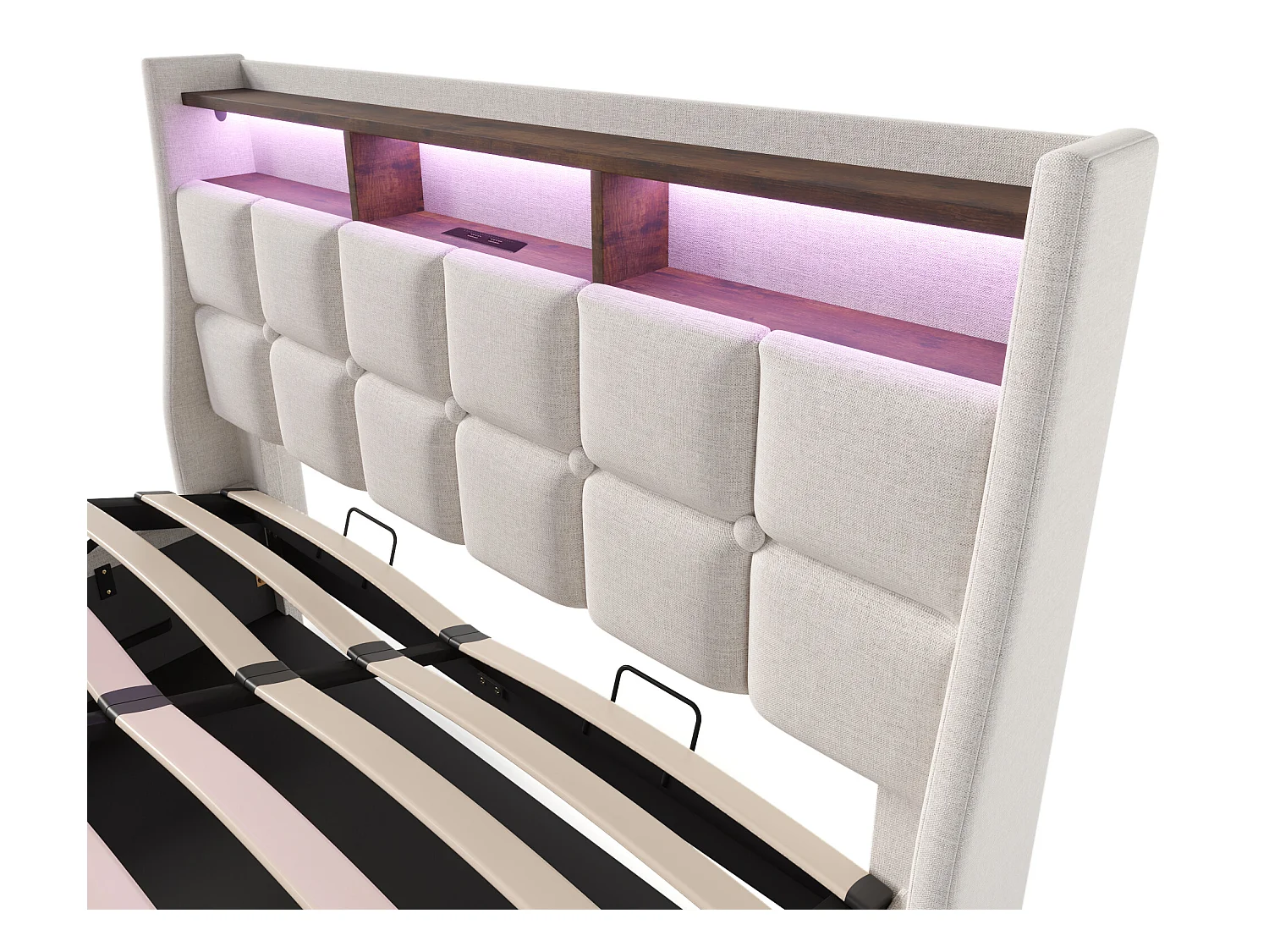 Cama con almacenaje de lino 160x200 cm con LED y puertos USB - somier - beige