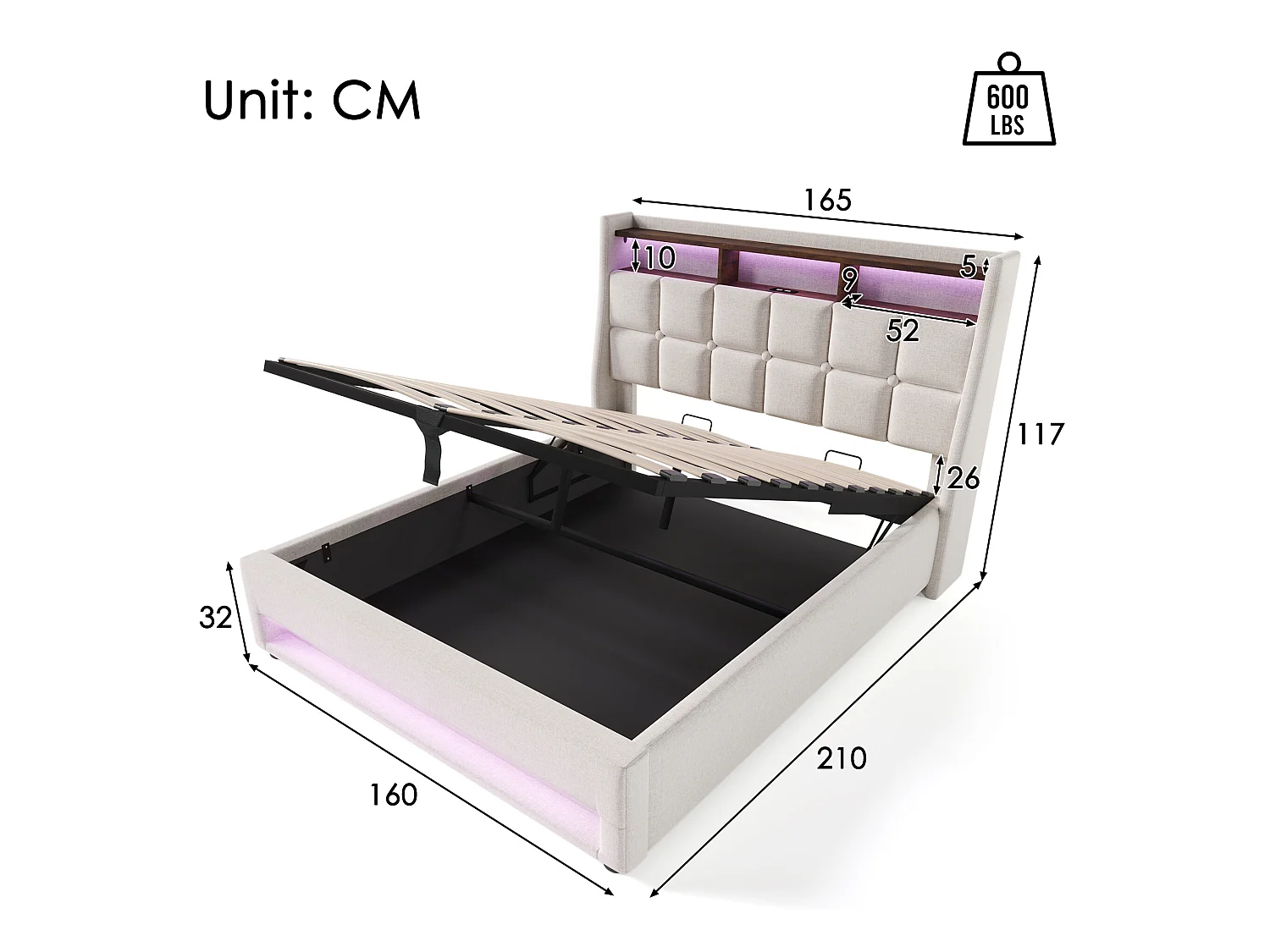 Cama con almacenaje de lino 160x200 cm con LED y puertos USB - somier - beige