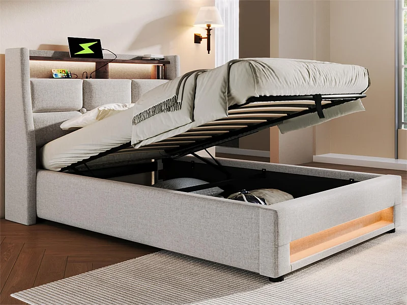 Bett mit Stauraum aus Leinen 90x200cm mit LED und USB-Anschlüssen – Lattenrost – Beige