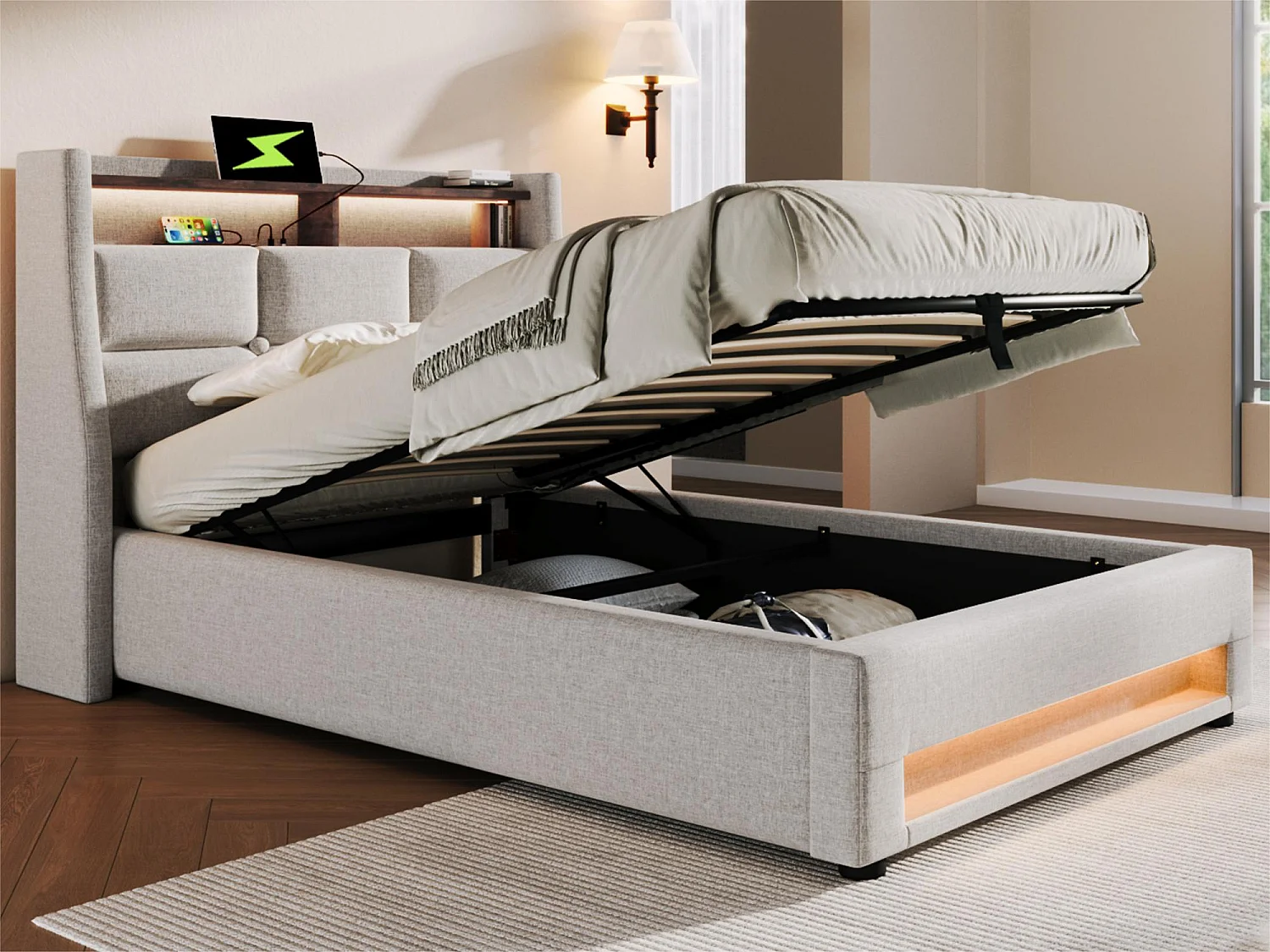 Letto contenitore in biancheria 90x200 cm con LED e porte USB - rete a doghe - beige