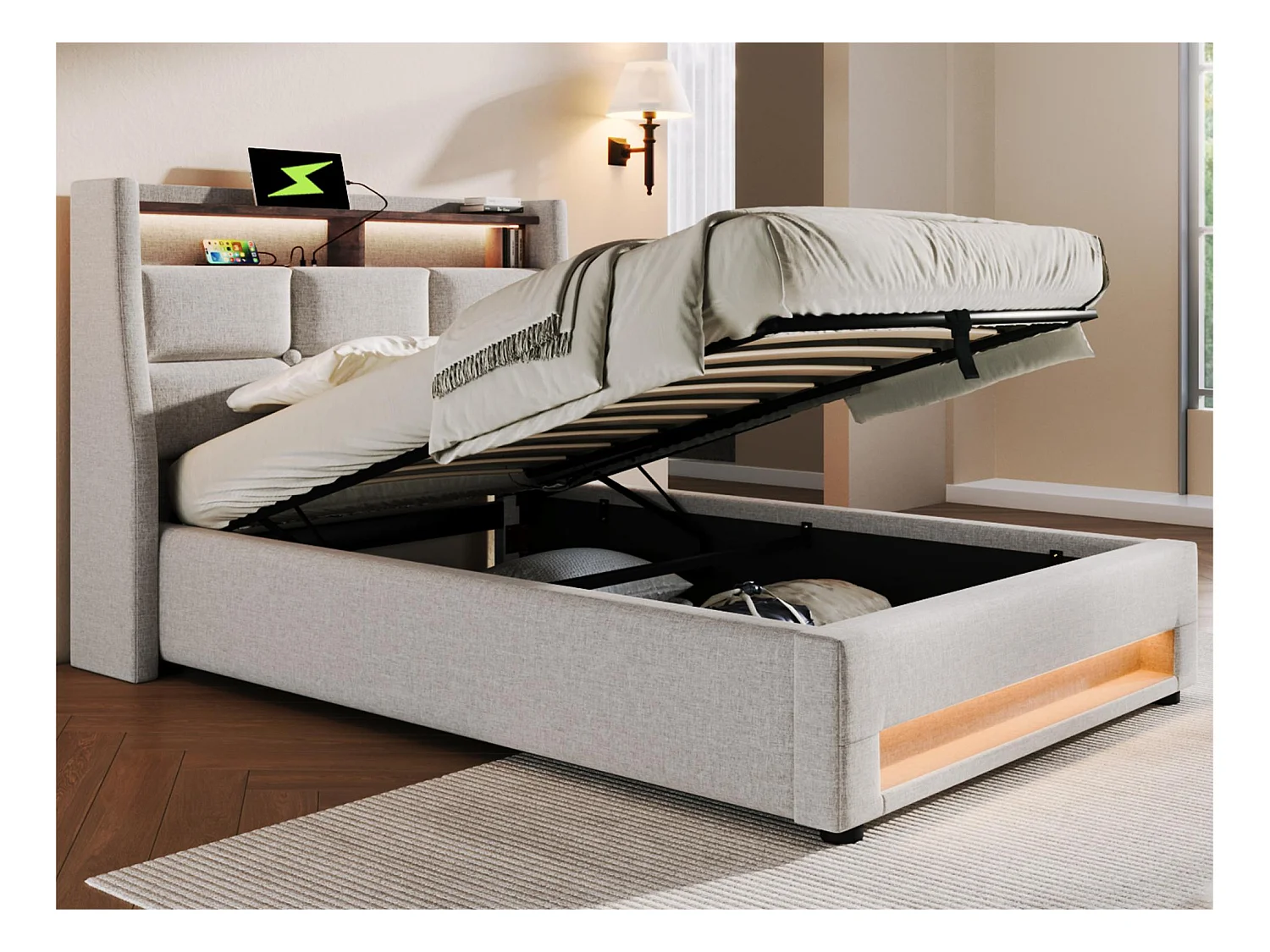 Lit coffre en lin 90x200cm avec LED et ports USB - sommier à lattes - beige