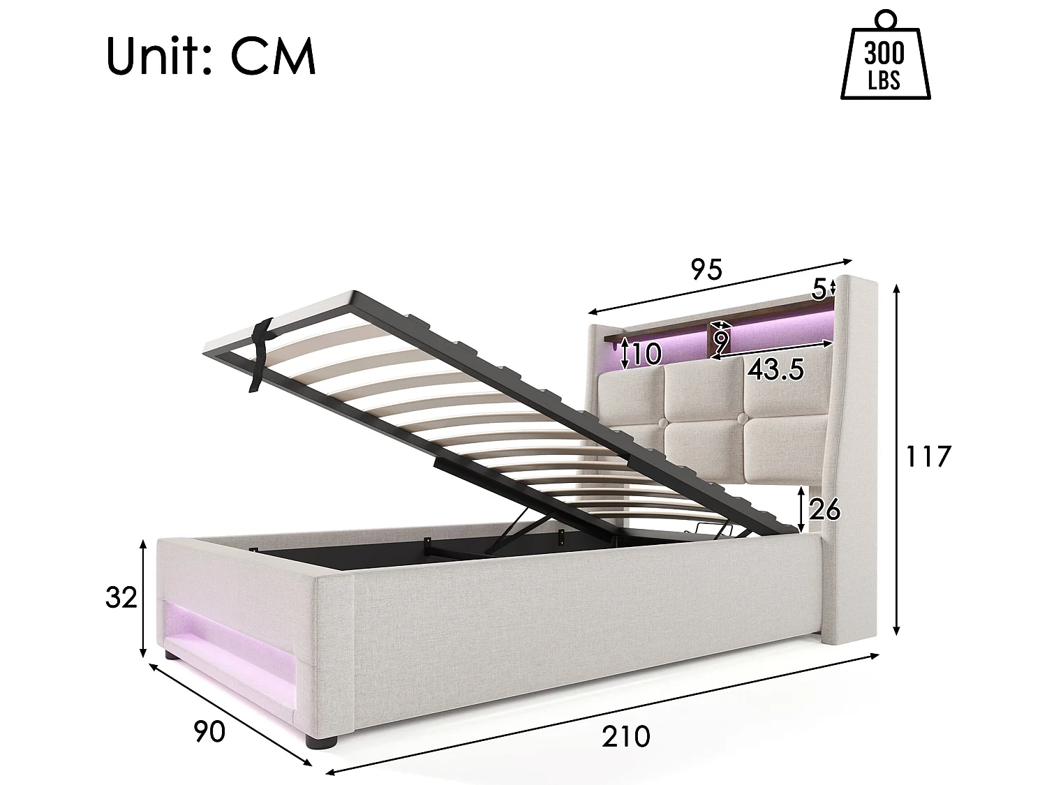 Bett mit Stauraum aus Leinen 90x200cm mit LED und USB-Anschlüssen – Lattenrost – Beige