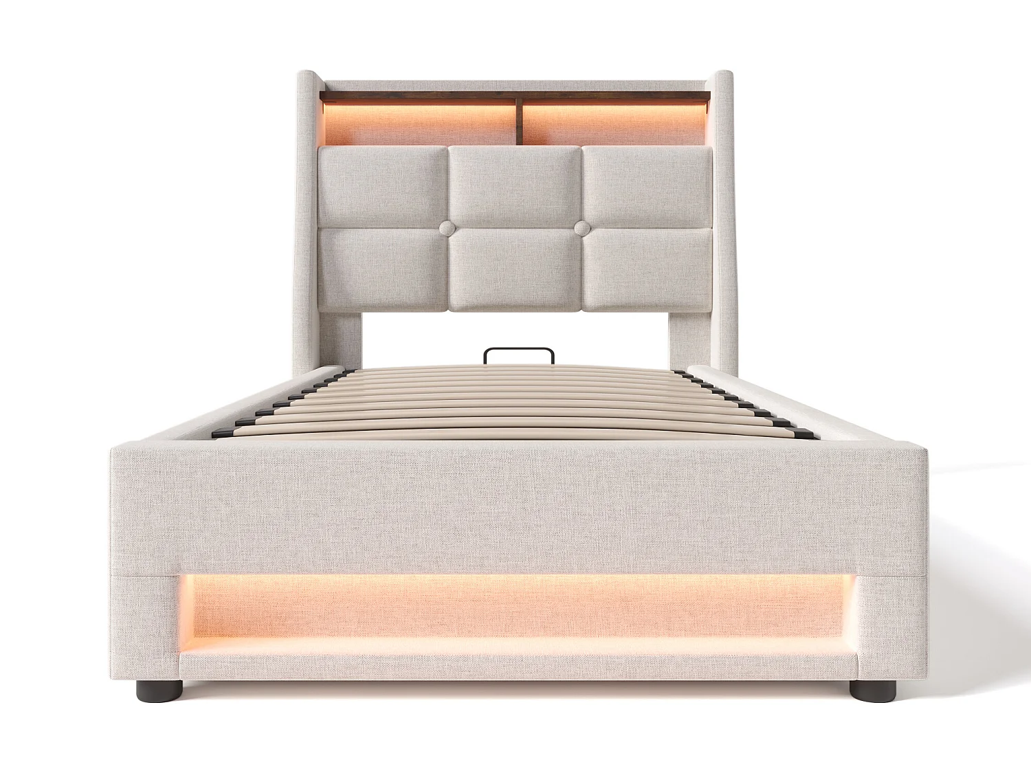 Bett mit Stauraum aus Leinen 90x200cm mit LED und USB-Anschlüssen – Lattenrost – Beige