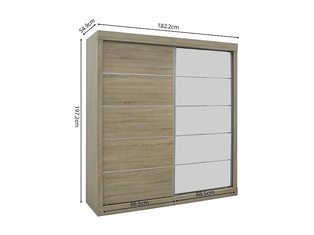 Armario MILS, ropero de 2 puertas correderas con espejo, acabado en roble sonoma, ideal para un dormitorio con diseño.