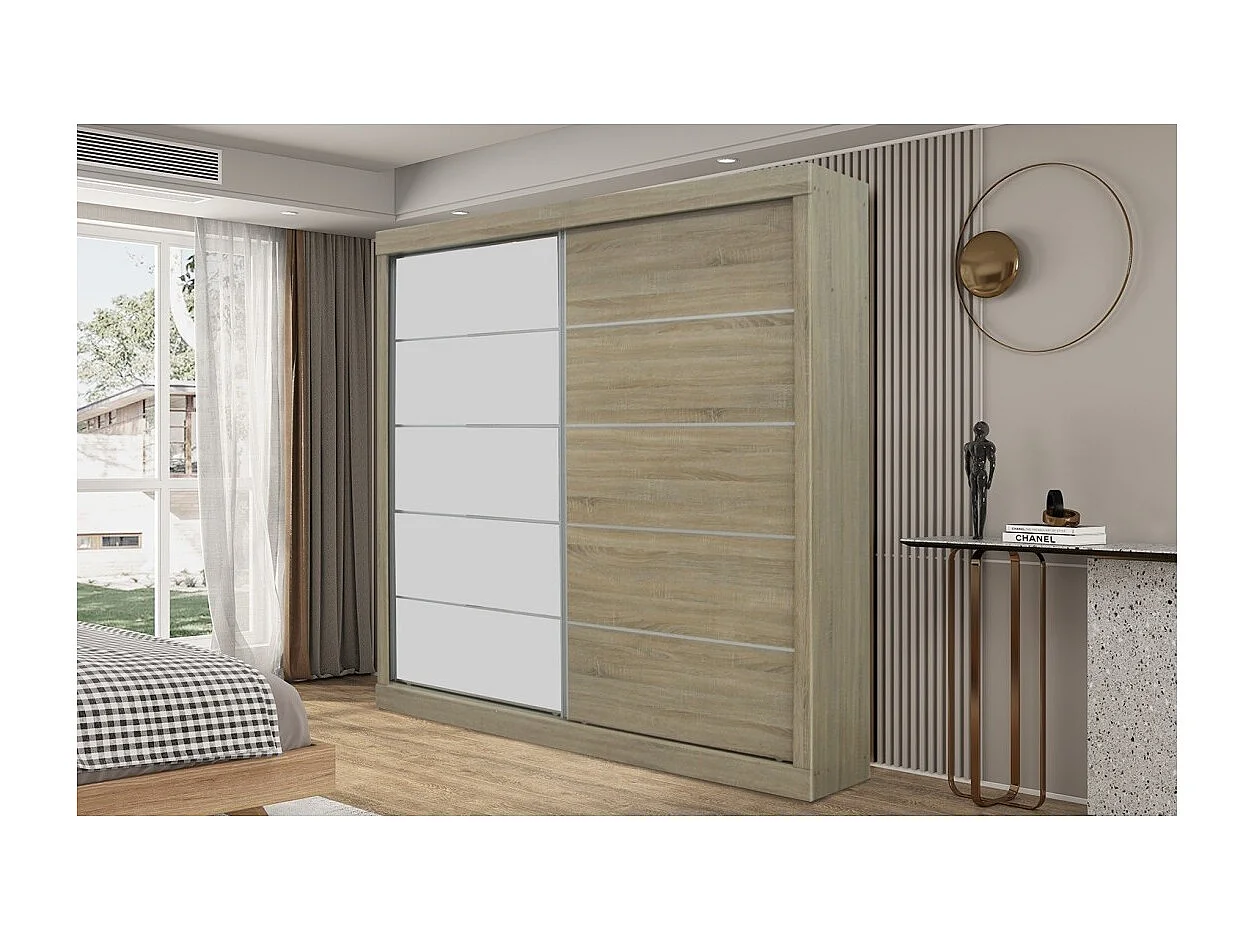 Guardaroba MILS, armadio con 2 porte scorrevoli con specchio, colore rovere sonoma, ideale per una camera dal design moderno.