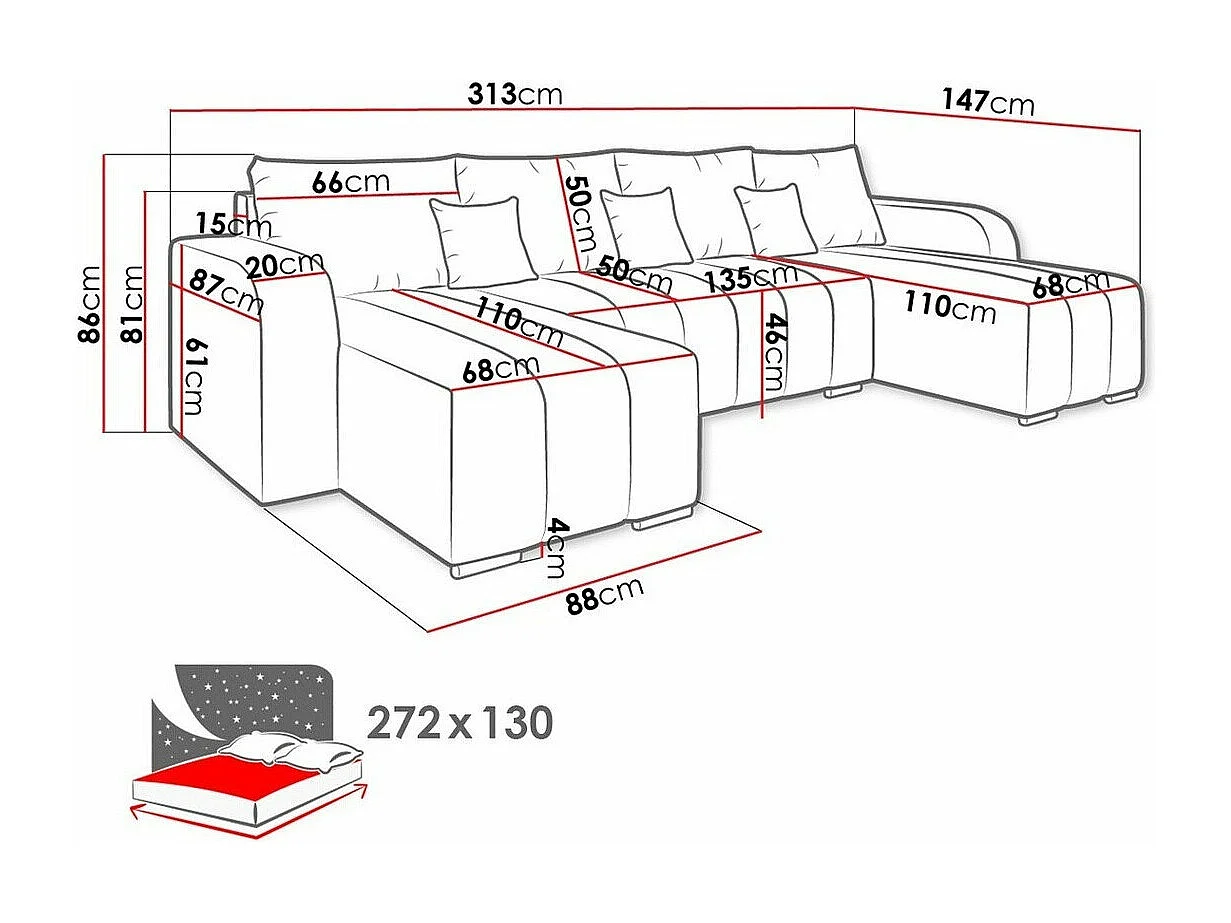 Sofá rinconero Muncie 108, Gris, Función de descanso, Almacenaje, 313x147x86cm