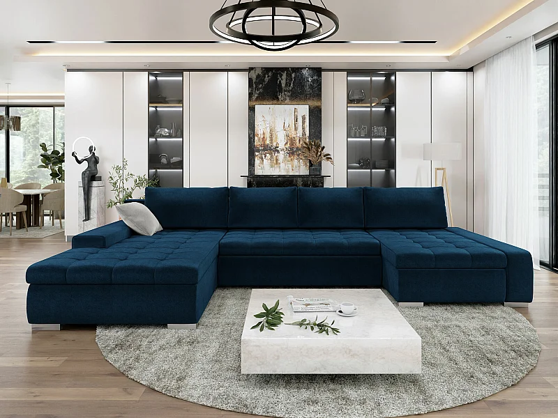 Canapé d'angle Comfivo 106, Bleu, Fonction de couchage, Boîte de literie, 394x213x80cm