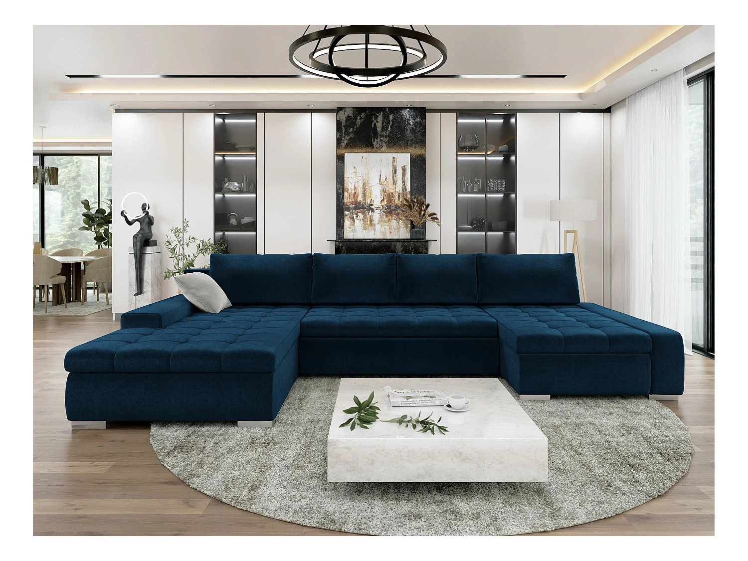 Canapé d'angle Comfivo 106, Bleu, Fonction de couchage, Boîte de literie, 394x213x80cm