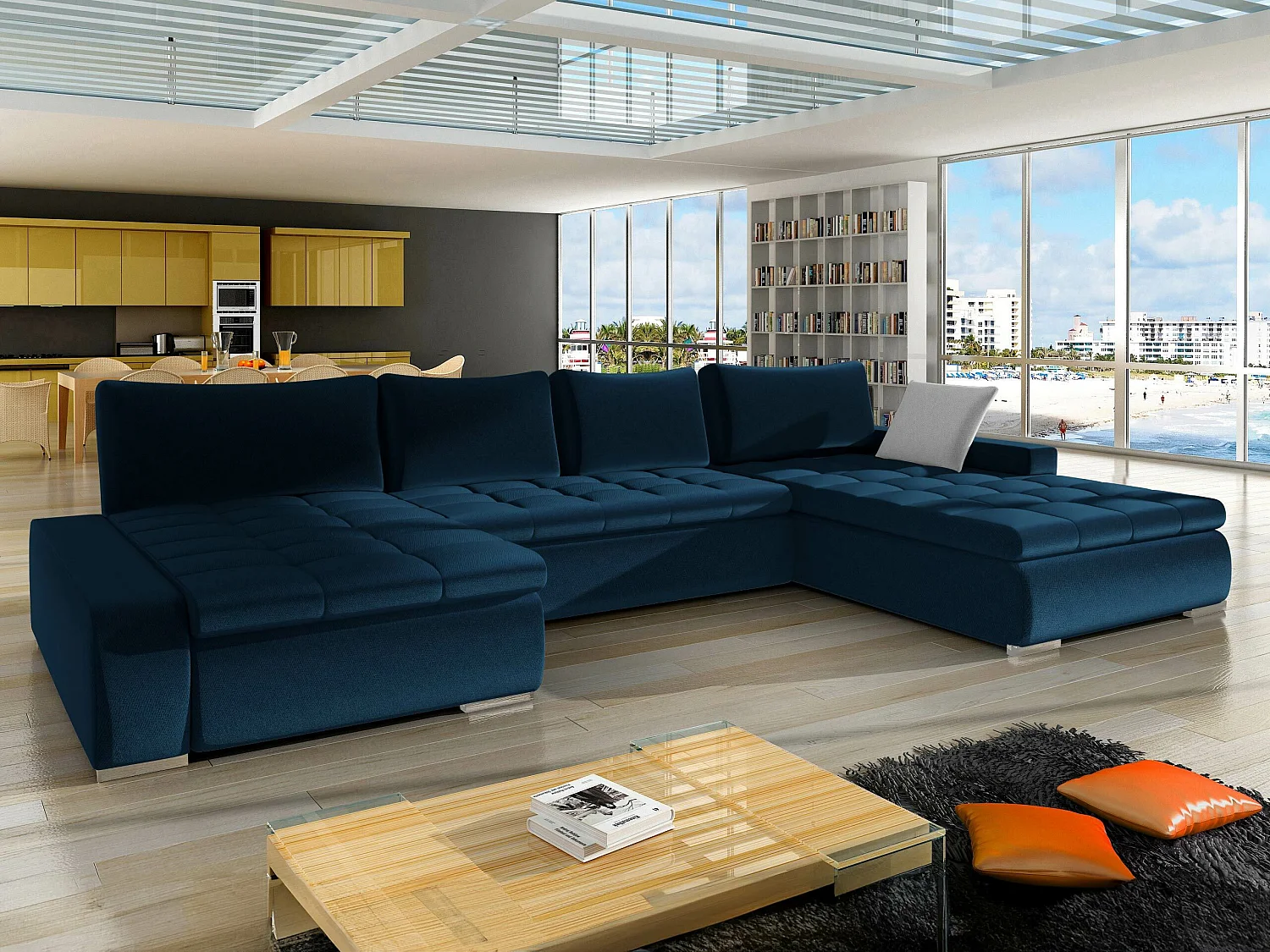 Sofá rinconero Comfivo 106, Azul, Función de descanso, Almacenaje, 394x213x80cm