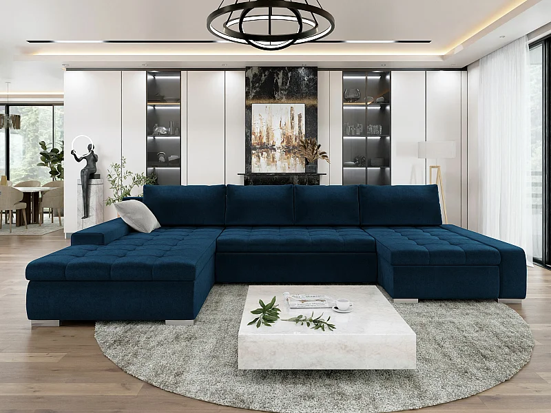 Sofá rinconero Comfivo 106, Azul, Función de descanso, Almacenaje, 394x213x80cm